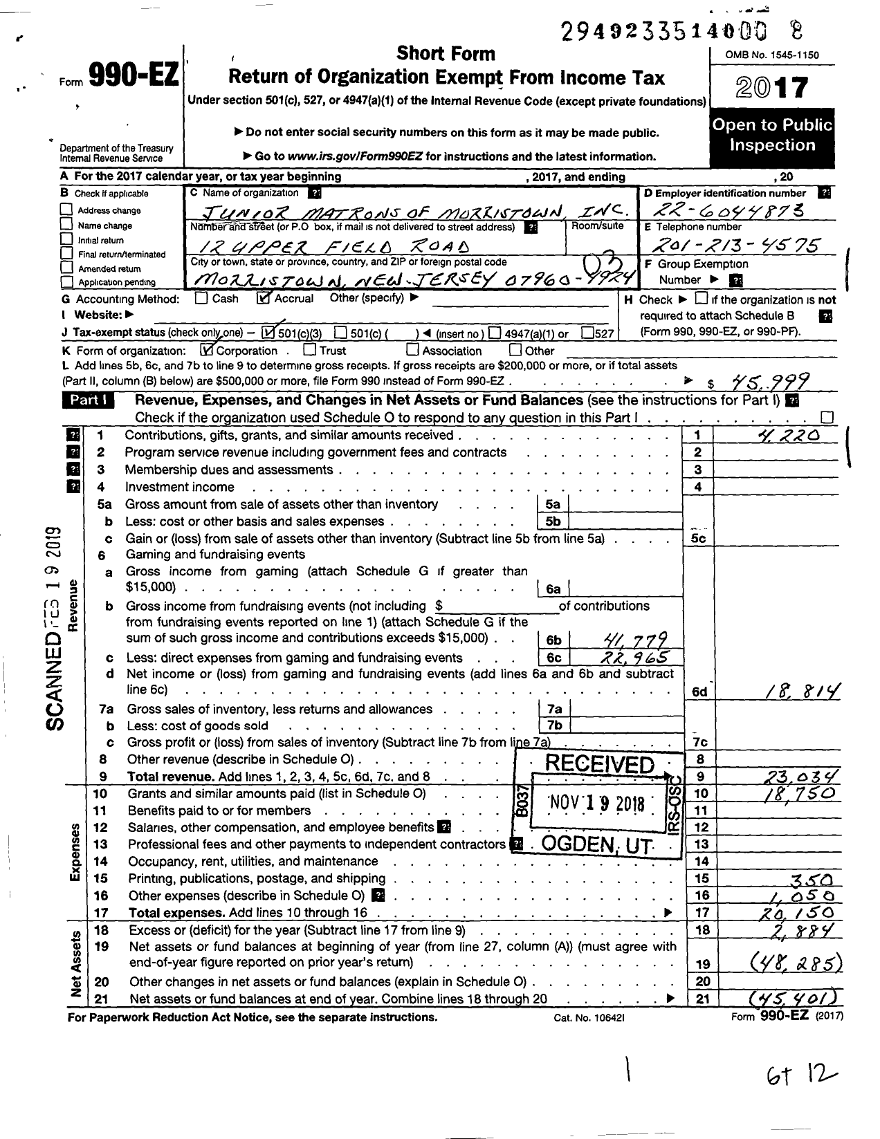 Image of first page of 2017 Form 990EZ for Junior Matrons of Morristown