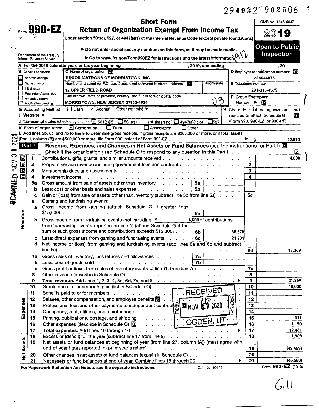 Image of first page of 2019 Form 990EZ for Junior Matrons of Morristown