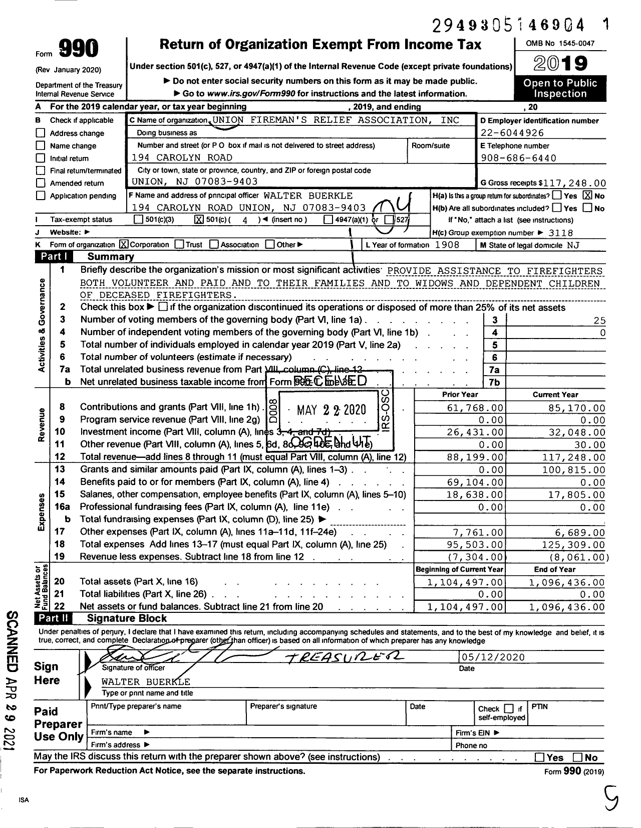 Image of first page of 2019 Form 990O for New Jersey State Firemen's Association - Union