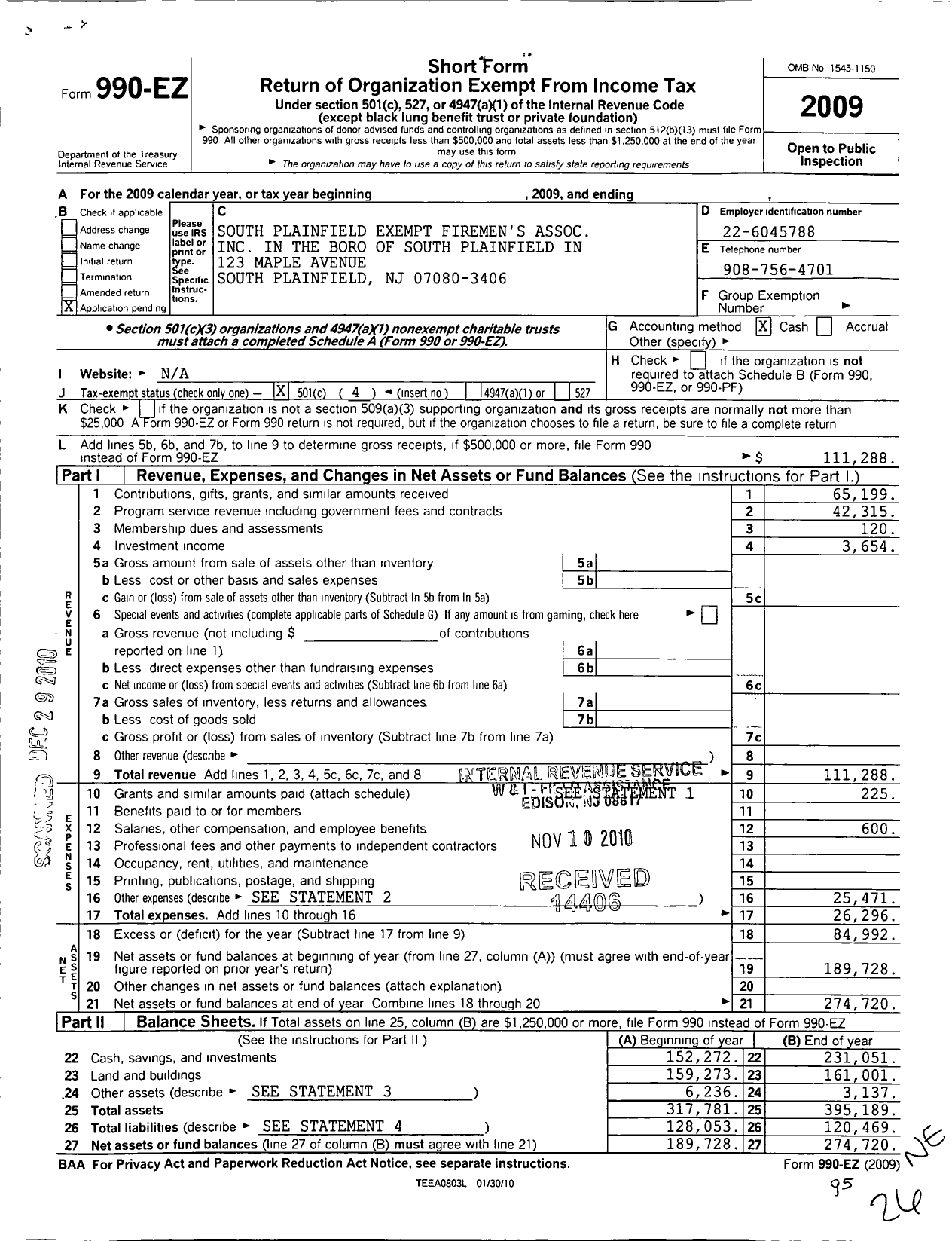 Image of first page of 2009 Form 990EO for South Plainfield Exempt Firemens Association in the Boro of