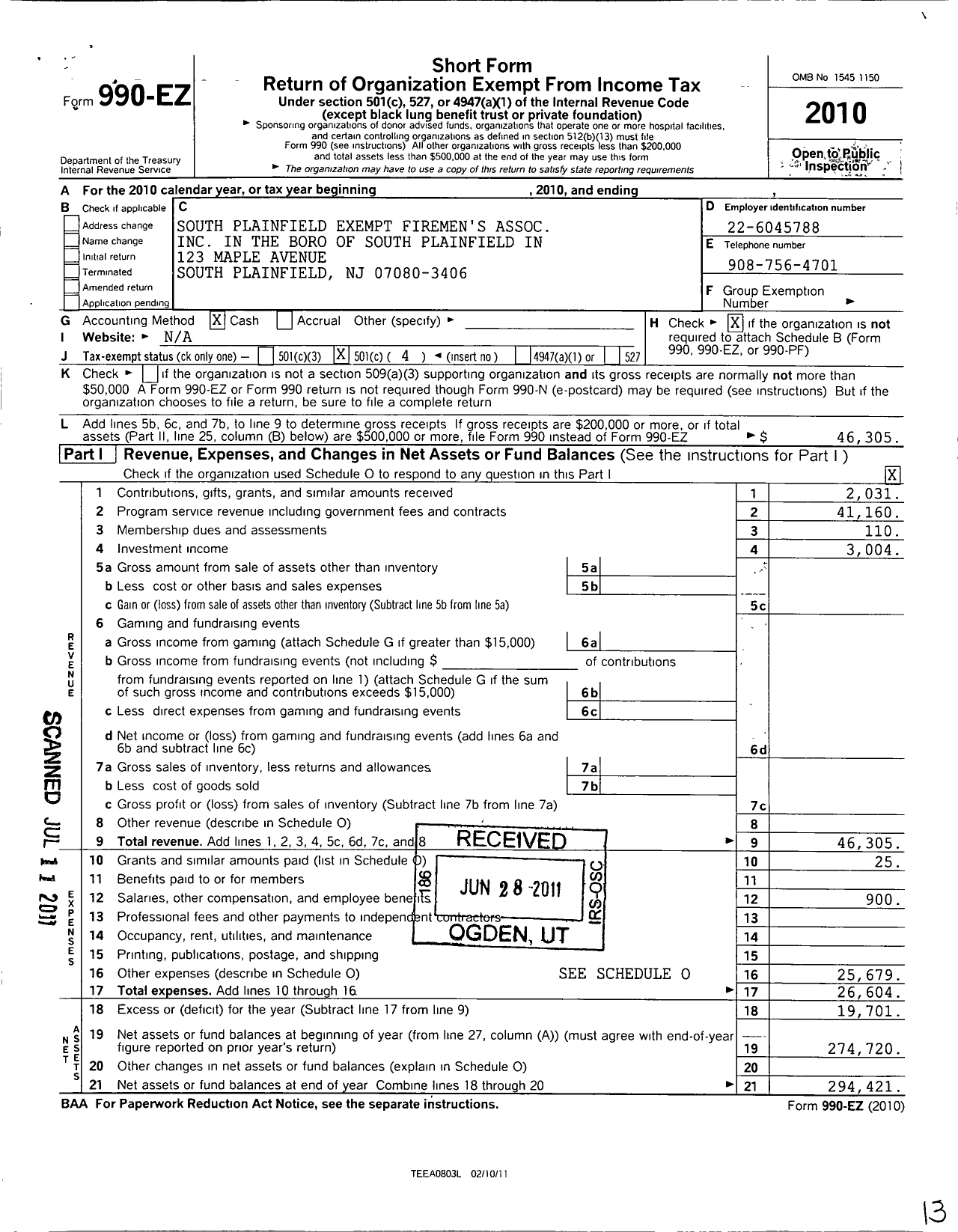 Image of first page of 2010 Form 990EO for South Plainfield Exempt Firemens Association in the Boro of