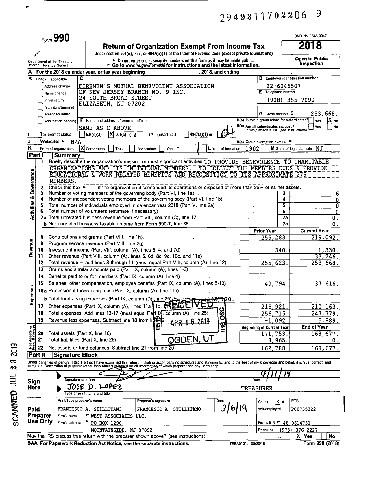 Image of first page of 2018 Form 990O for NEW JERSEY State FIREMeNS MUTUAL BENEVOLENT ASSOCIATION - 9 Elizabeth FIREMeNS MUTUAL Benevol