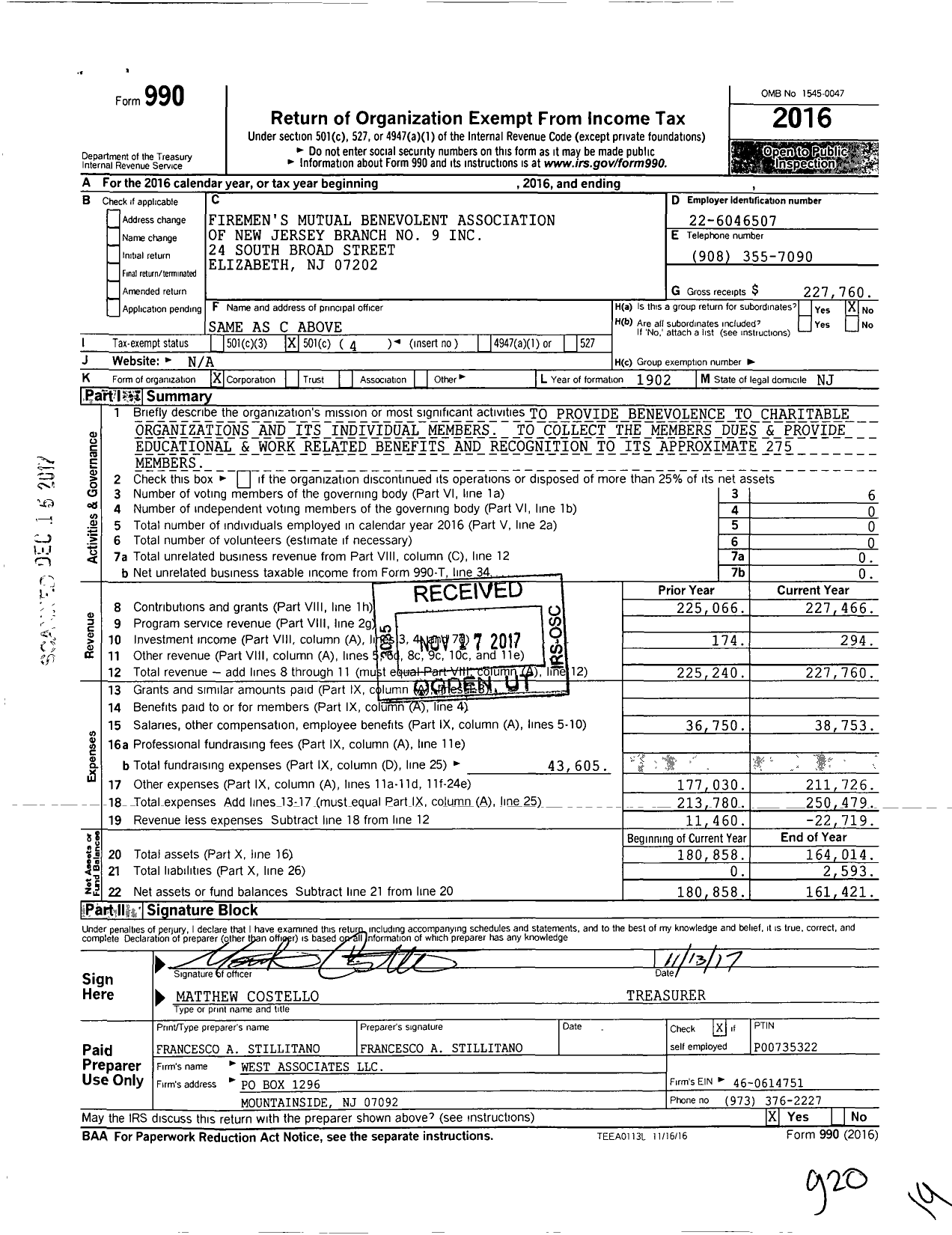 Image of first page of 2016 Form 990O for NEW JERSEY State FIREMeNS MUTUAL BENEVOLENT ASSOCIATION - 9 Elizabeth FIREMeNS MUTUAL Benevol