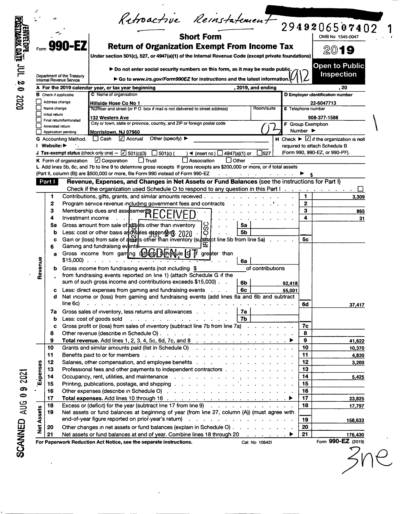 Image of first page of 2019 Form 990EZ for Hillside Hose 1