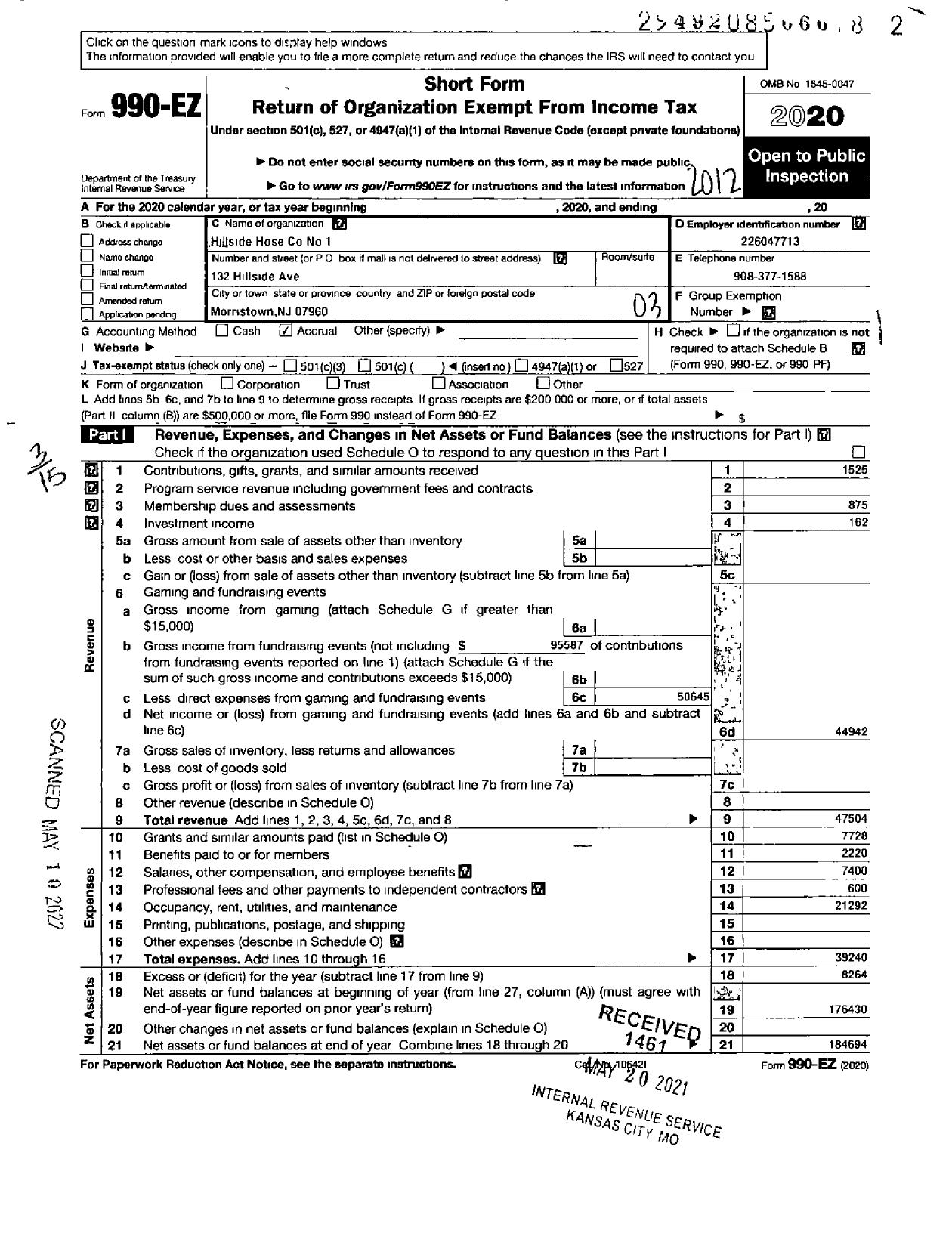 Image of first page of 2020 Form 990EZ for Hillside Hose 1