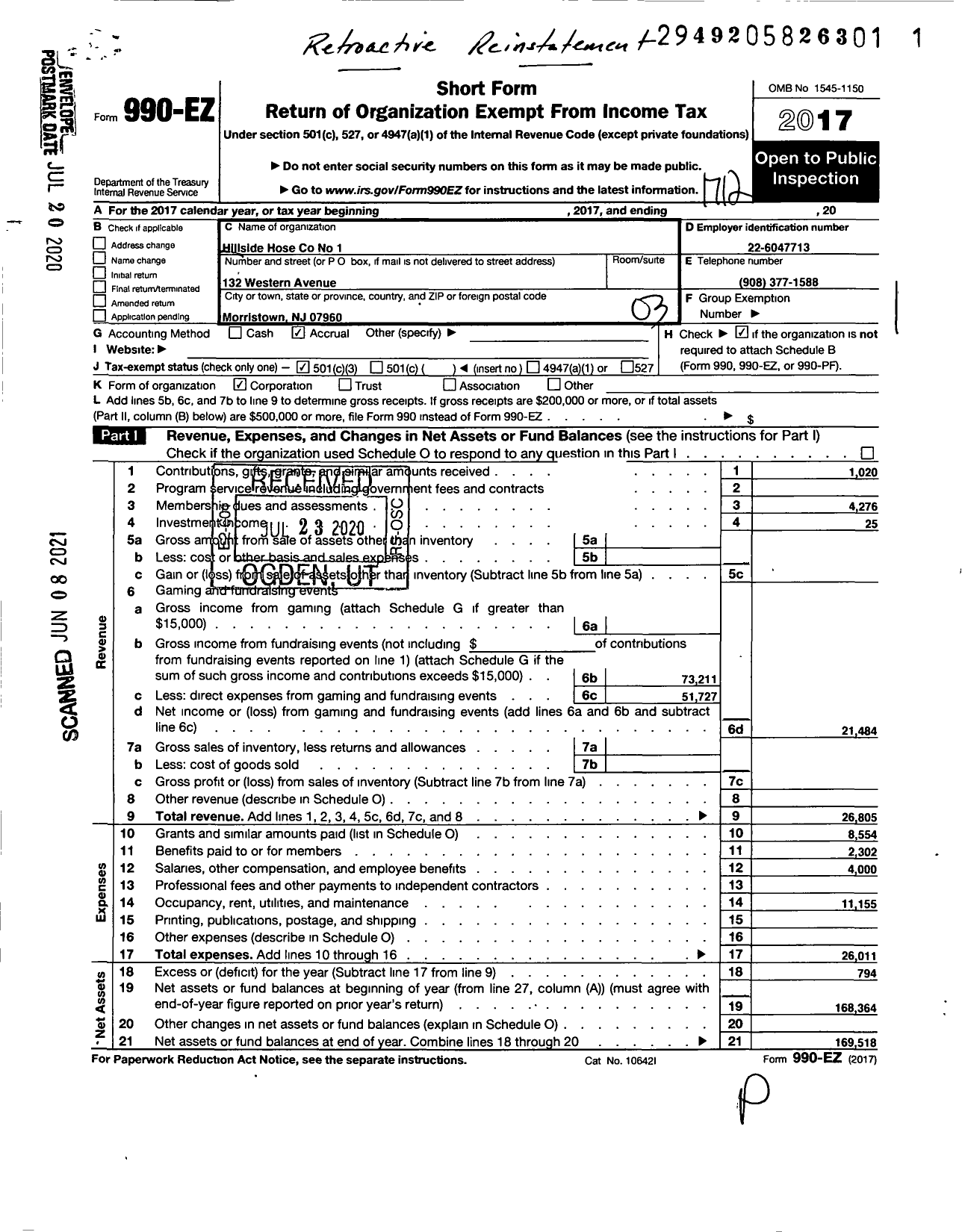 Image of first page of 2017 Form 990EZ for Hillside Hose 1