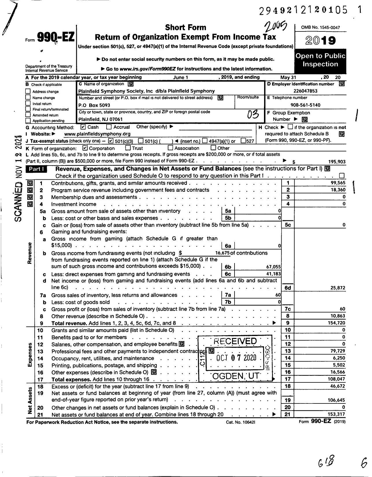 Image of first page of 2019 Form 990EZ for Plainfield Symphony Society