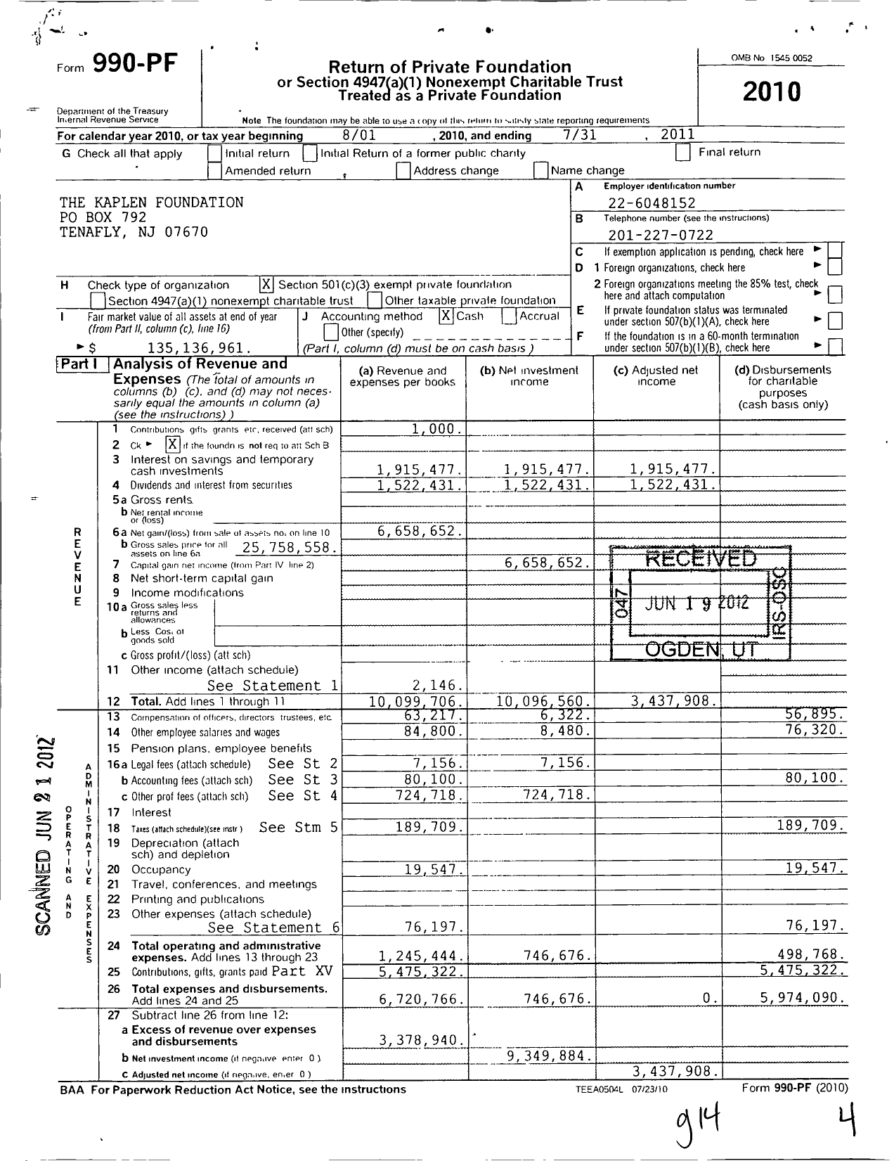 Image of first page of 2010 Form 990PF for The Kaplen Foundation