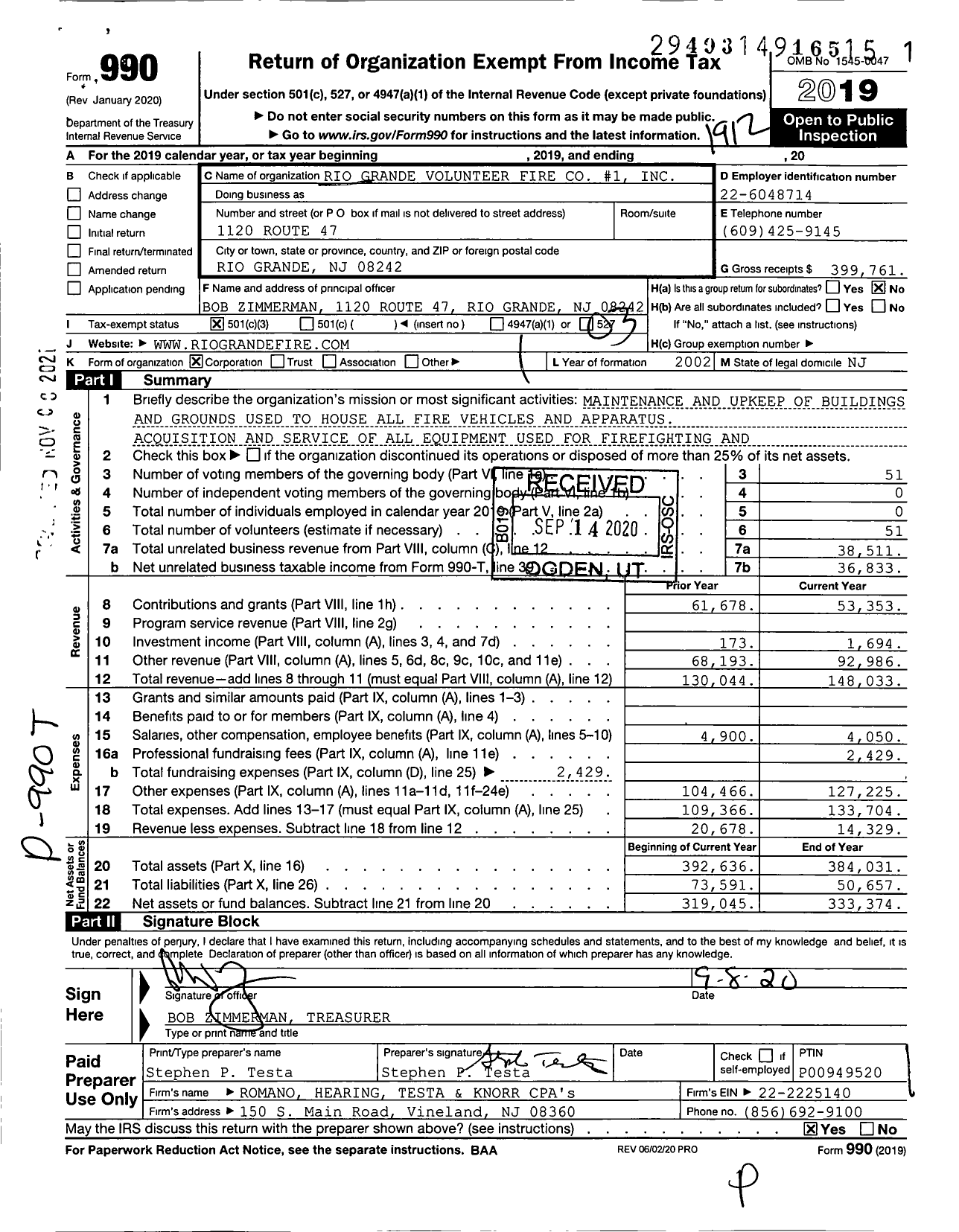 Image of first page of 2019 Form 990 for Rio Grande Volunteer Fire #1