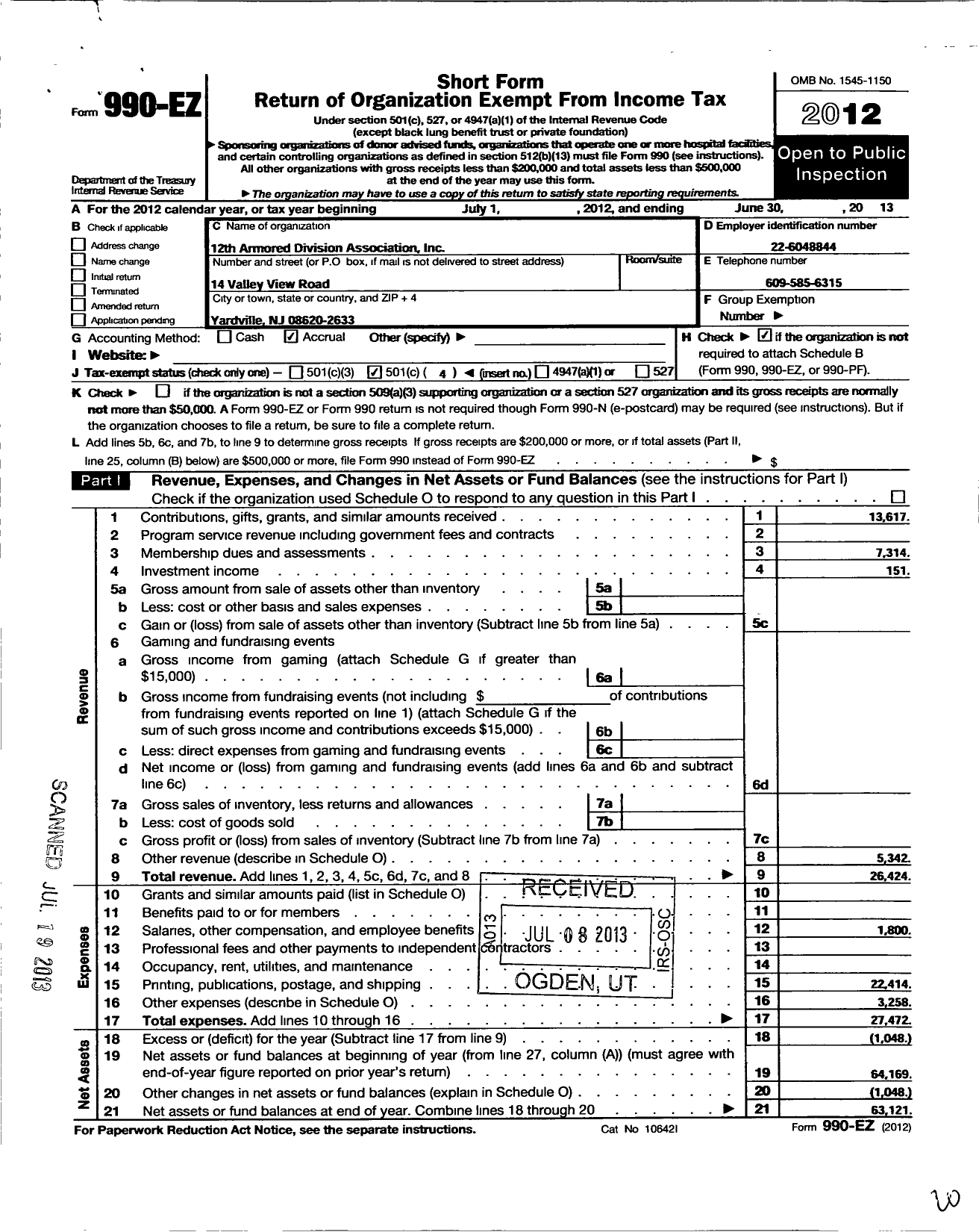 Image of first page of 2012 Form 990EO for 12th Armored Division Association