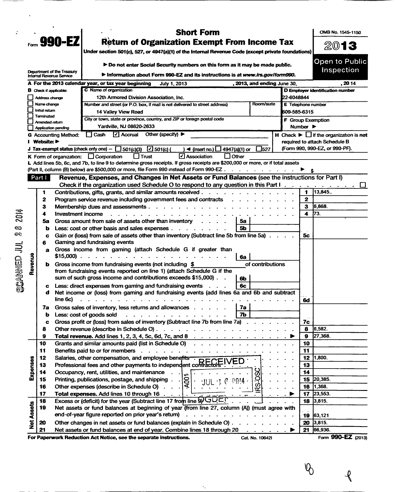 Image of first page of 2013 Form 990EO for 12th Armored Division Association