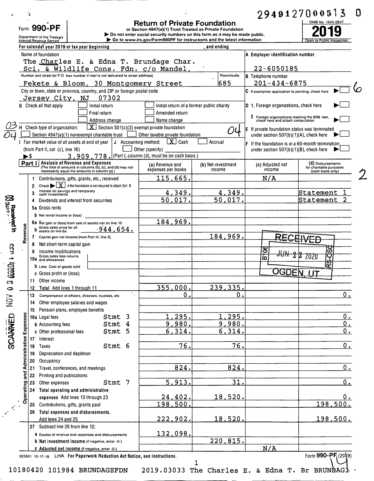 Image of first page of 2019 Form 990PF for The Charles E & Edna T Brundage Char Sci & Wildlife Cons Fdn