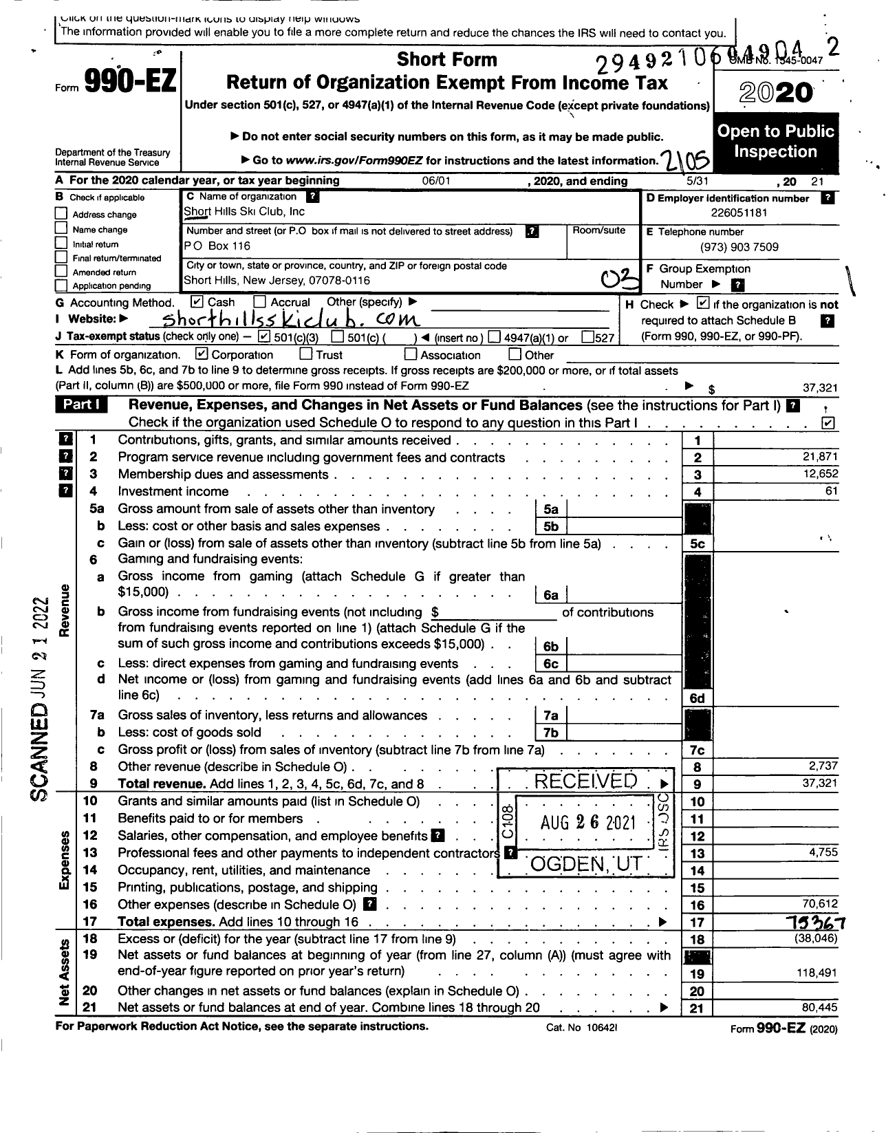 Image of first page of 2020 Form 990EZ for Short Hills Ski Club