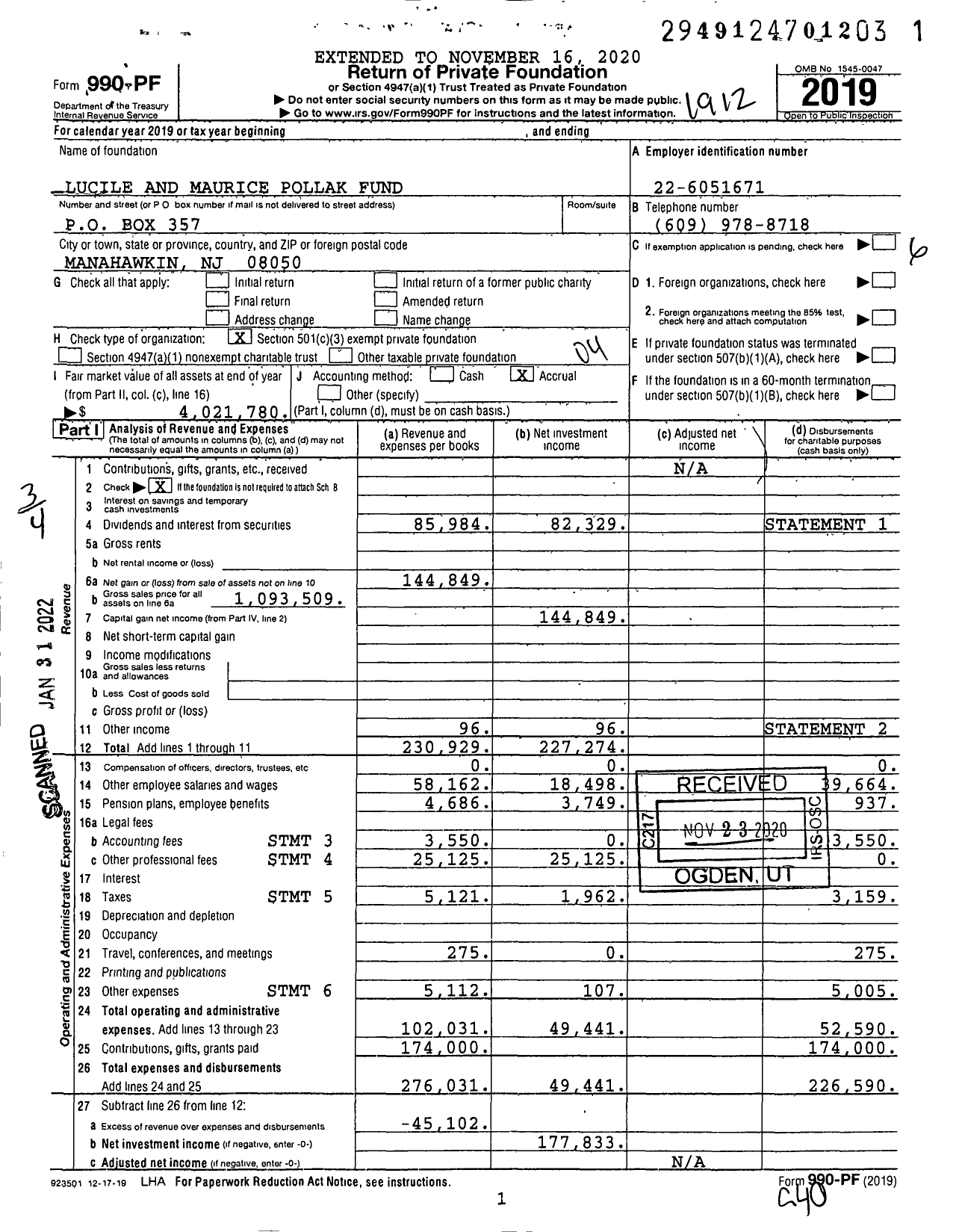 Image of first page of 2019 Form 990PF for Lucile and Maurice Pollak Fund