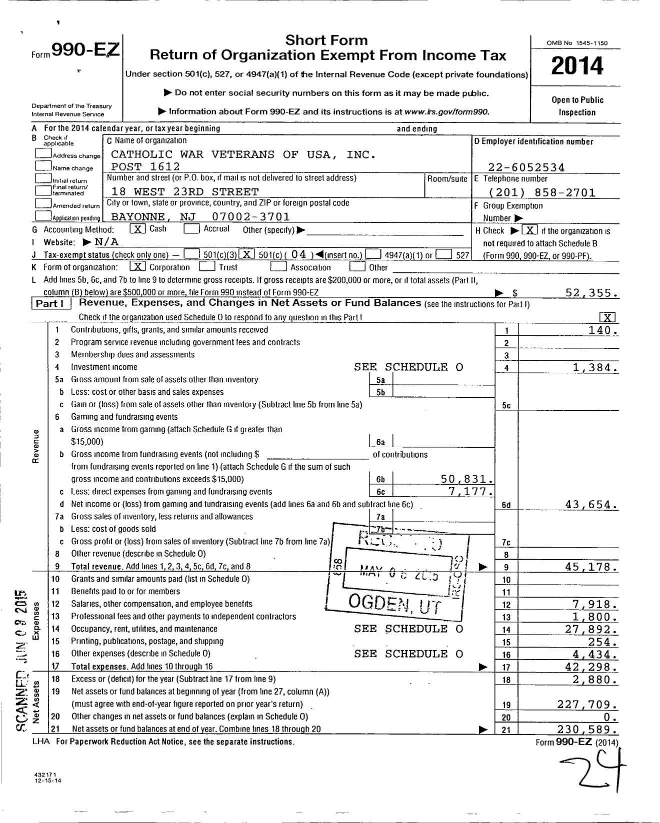 Image of first page of 2014 Form 990EO for Catholic War Veterans of the United States of America - 1612 Post-Cmr-Cwv