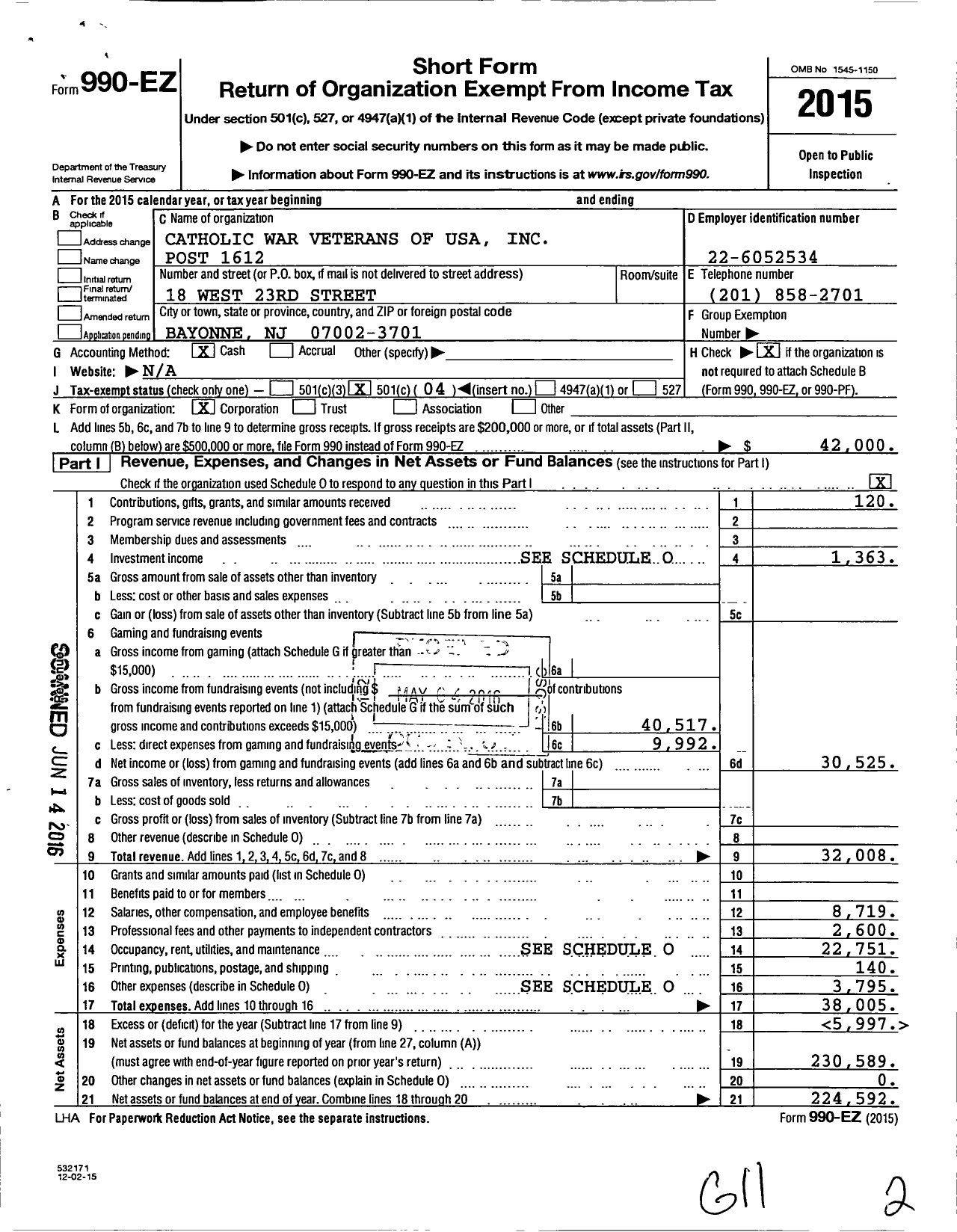 Image of first page of 2015 Form 990EO for Catholic War Veterans of the United States of America - 1612 Post-Cmr-Cwv