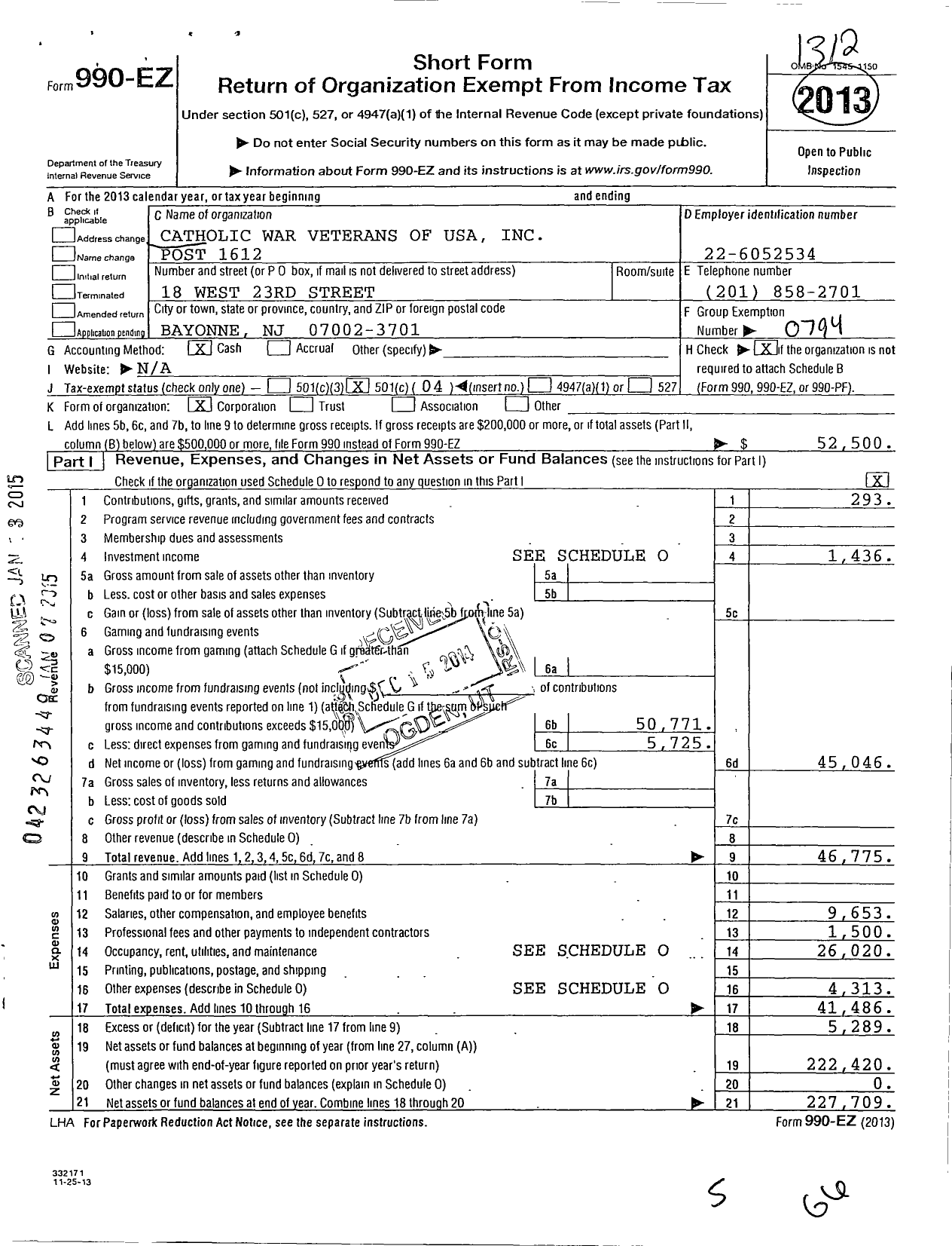 Image of first page of 2013 Form 990EO for Catholic War Veterans of the United States of America - 1612 Post-Cmr-Cwv