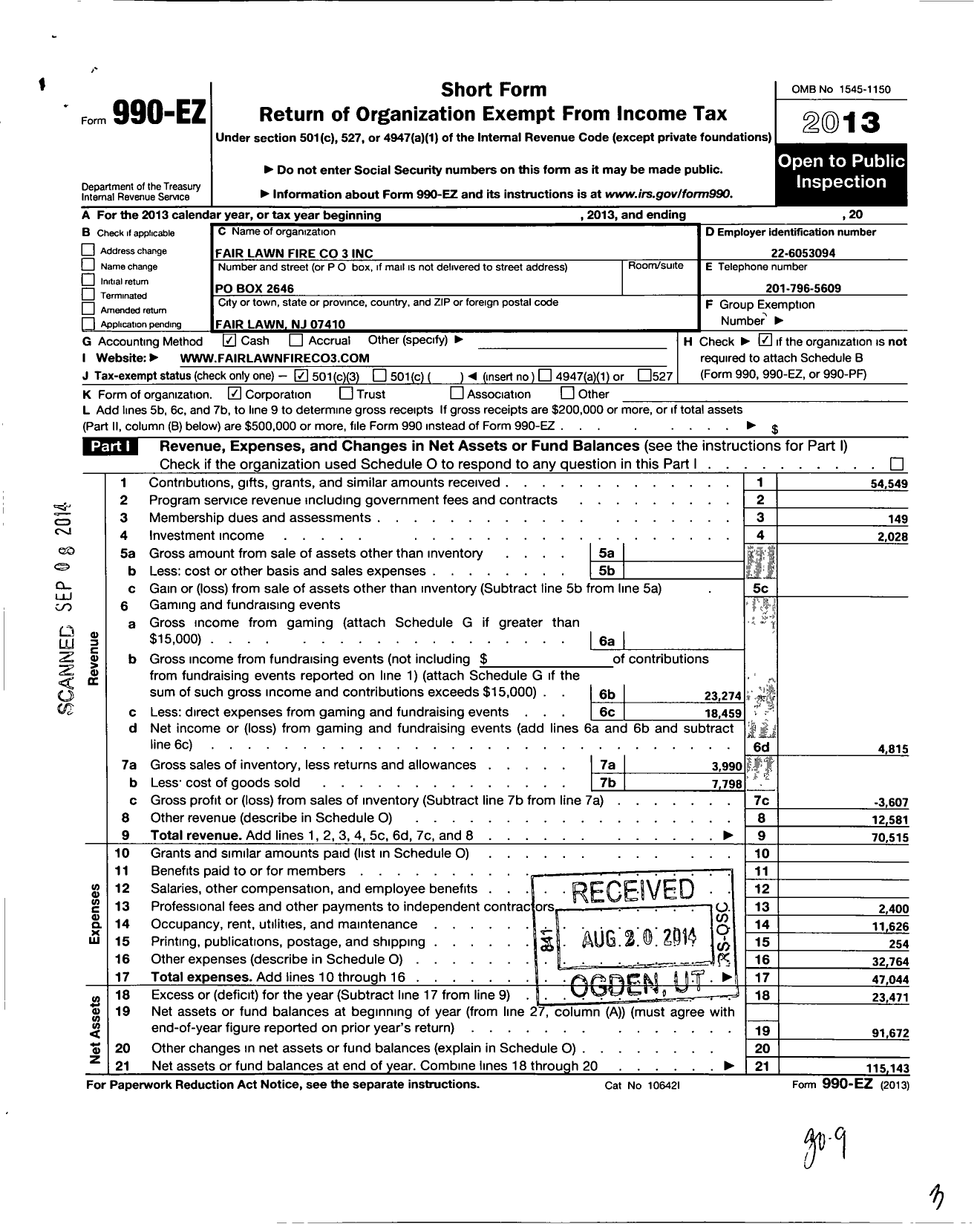 Image of first page of 2013 Form 990EZ for Fair Lawn Borough Volunteer Fire Company 3