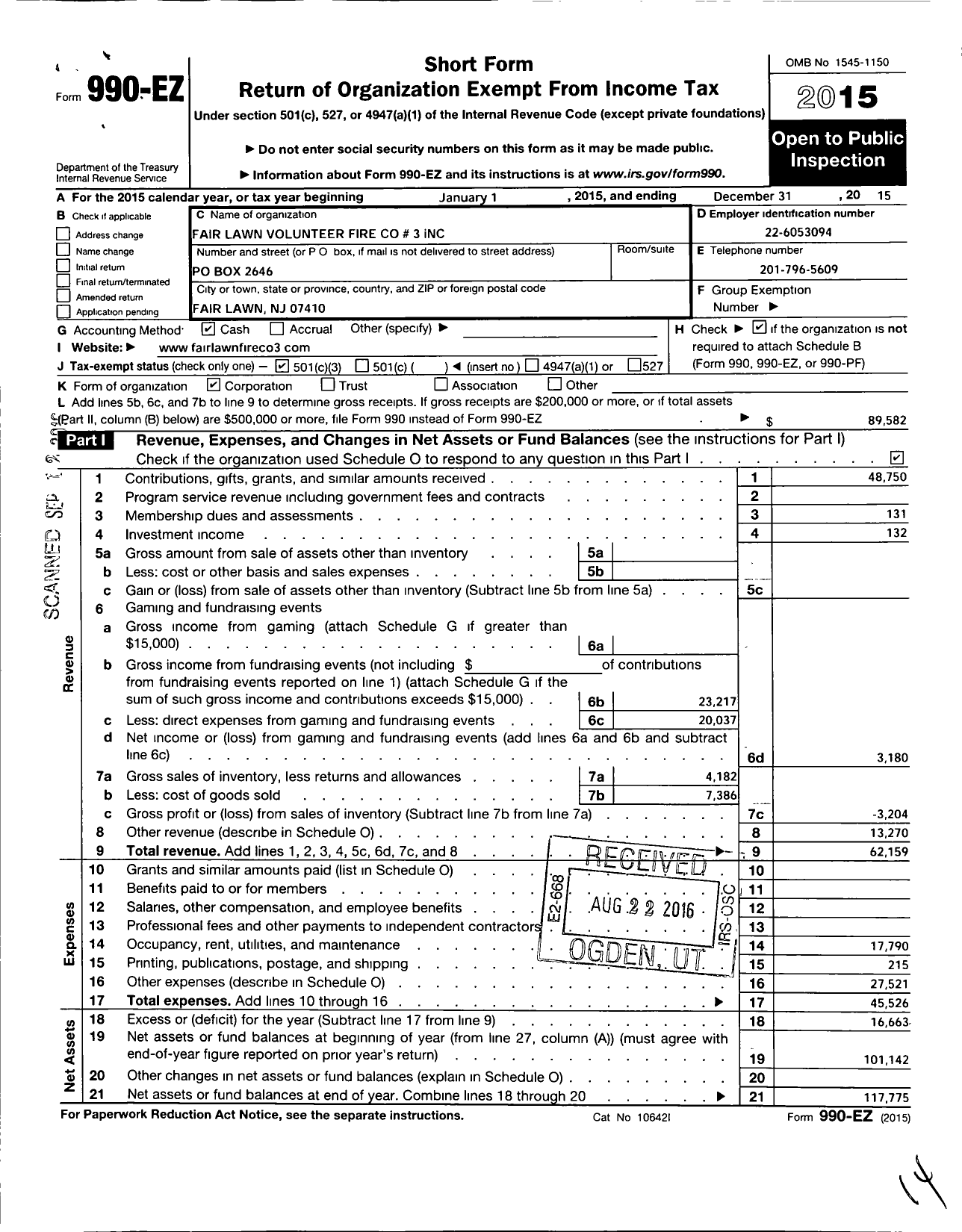 Image of first page of 2015 Form 990EZ for Fair Lawn Borough Volunteer Fire Company 3