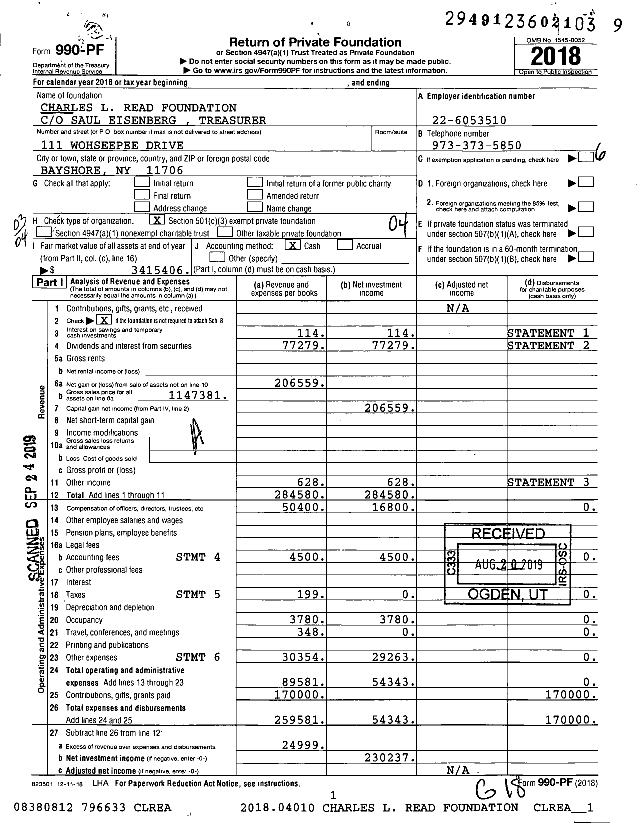 Image of first page of 2018 Form 990PF for Charles L Read Foundation