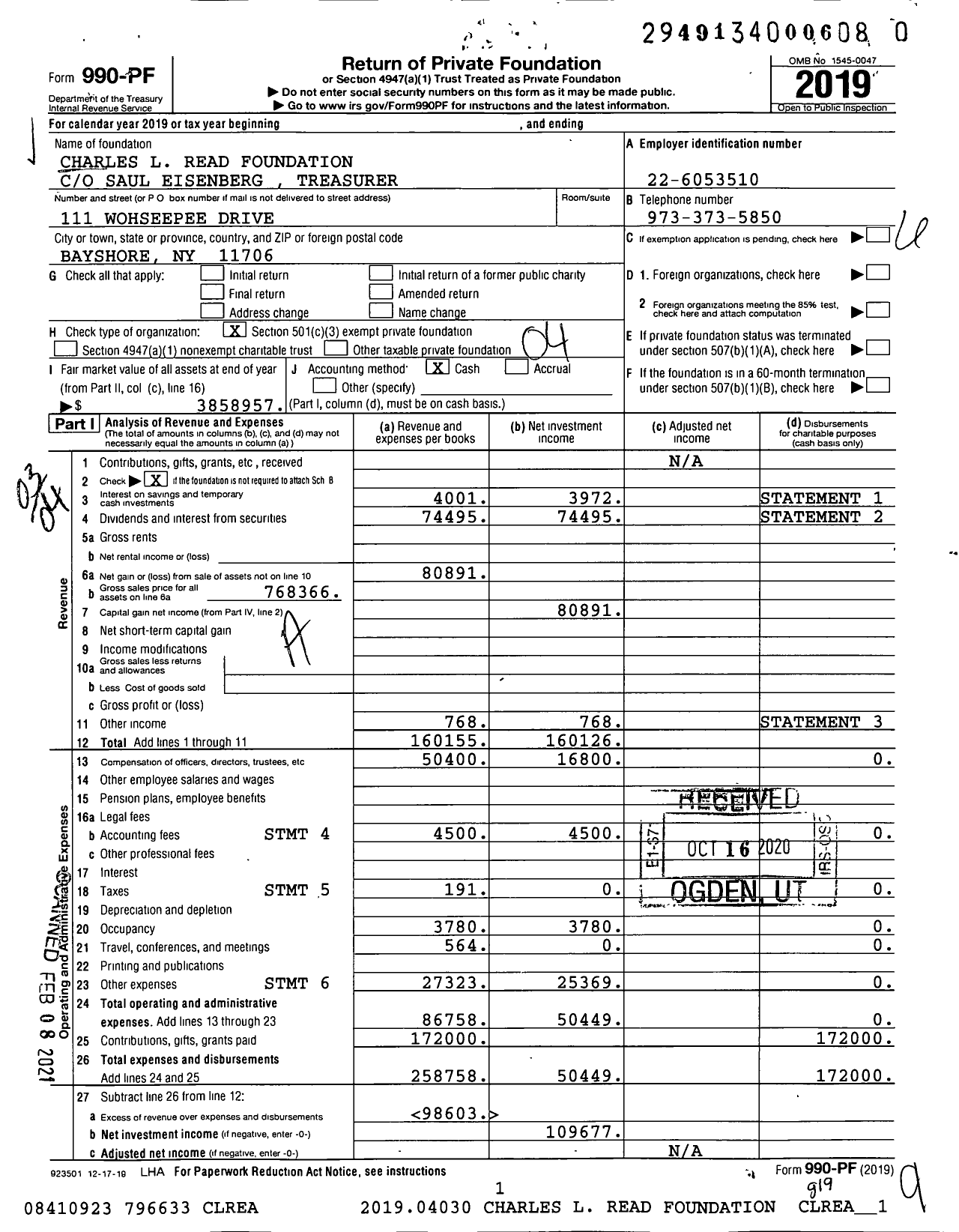 Image of first page of 2019 Form 990PF for Charles L Read Foundation