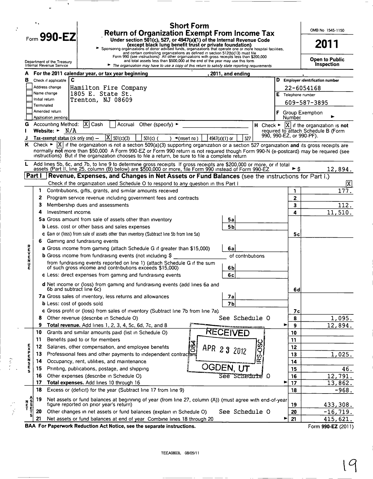 Image of first page of 2011 Form 990EZ for Hamilton Fire Company