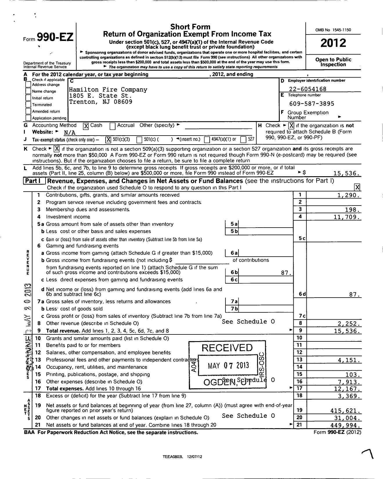 Image of first page of 2012 Form 990EZ for Hamilton Fire Company