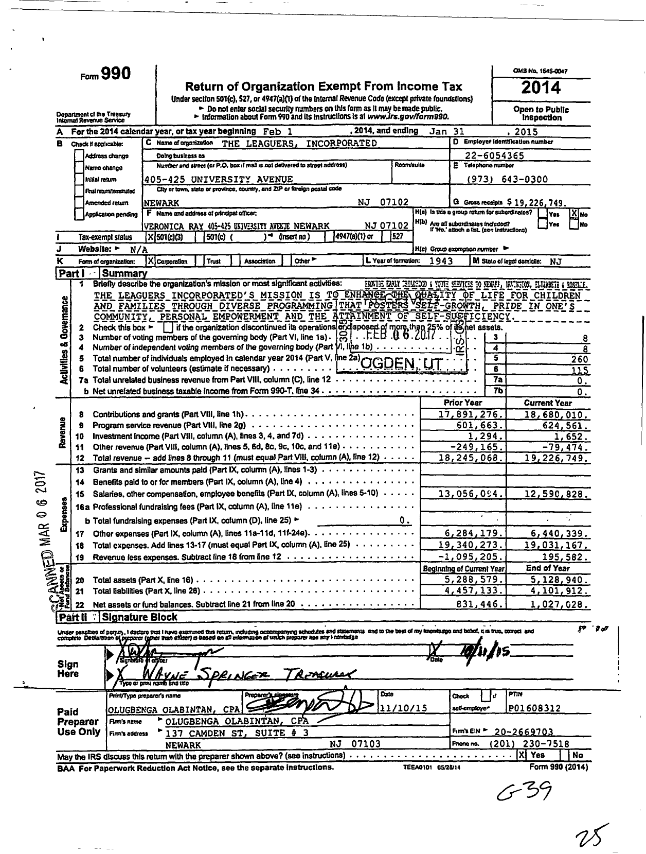 Image of first page of 2014 Form 990 for The Leaguers Incorporated