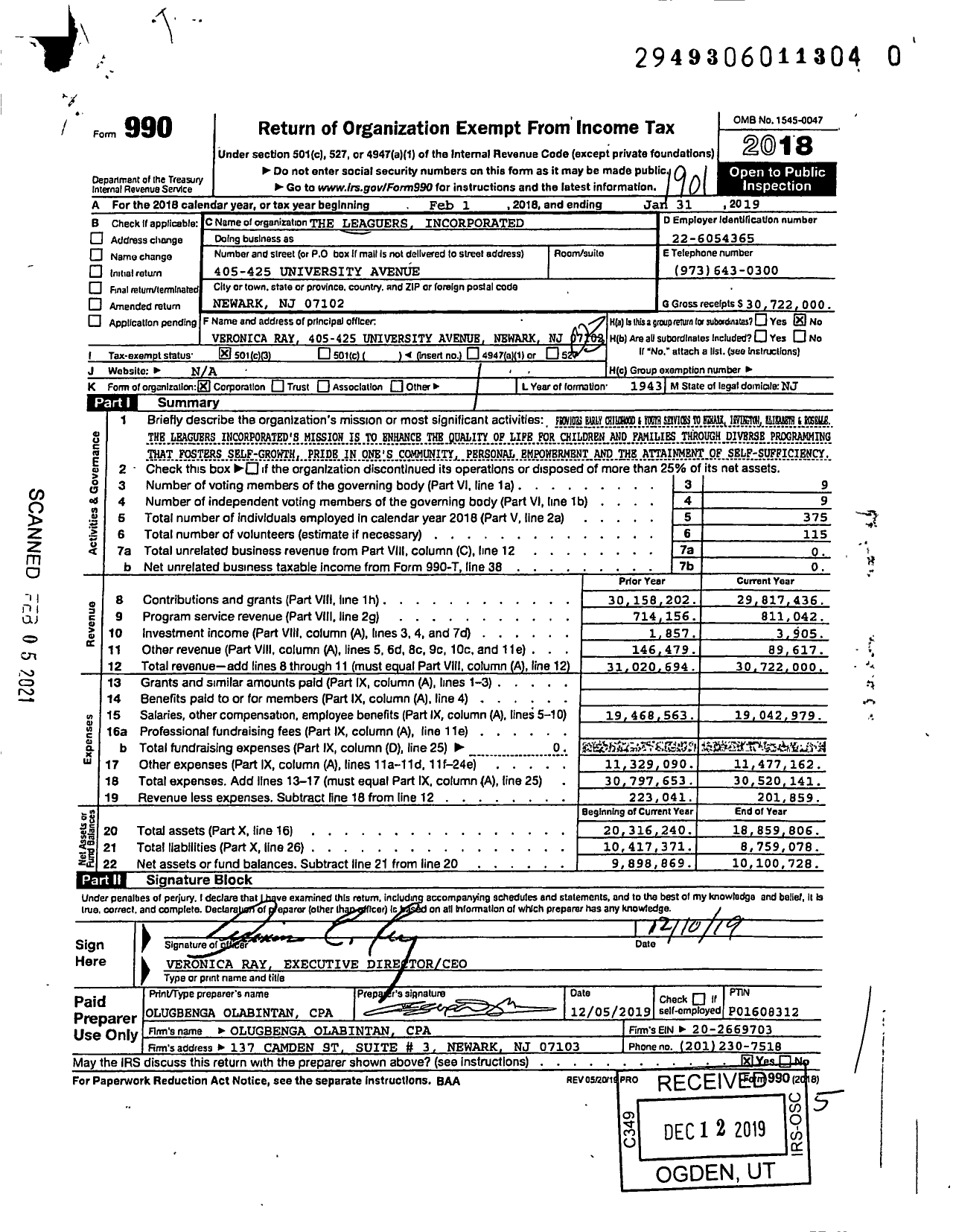 Image of first page of 2018 Form 990 for The Leaguers Incorporated
