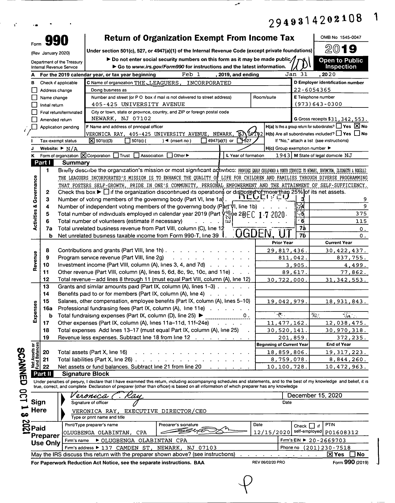 Image of first page of 2019 Form 990 for The Leaguers Incorporated