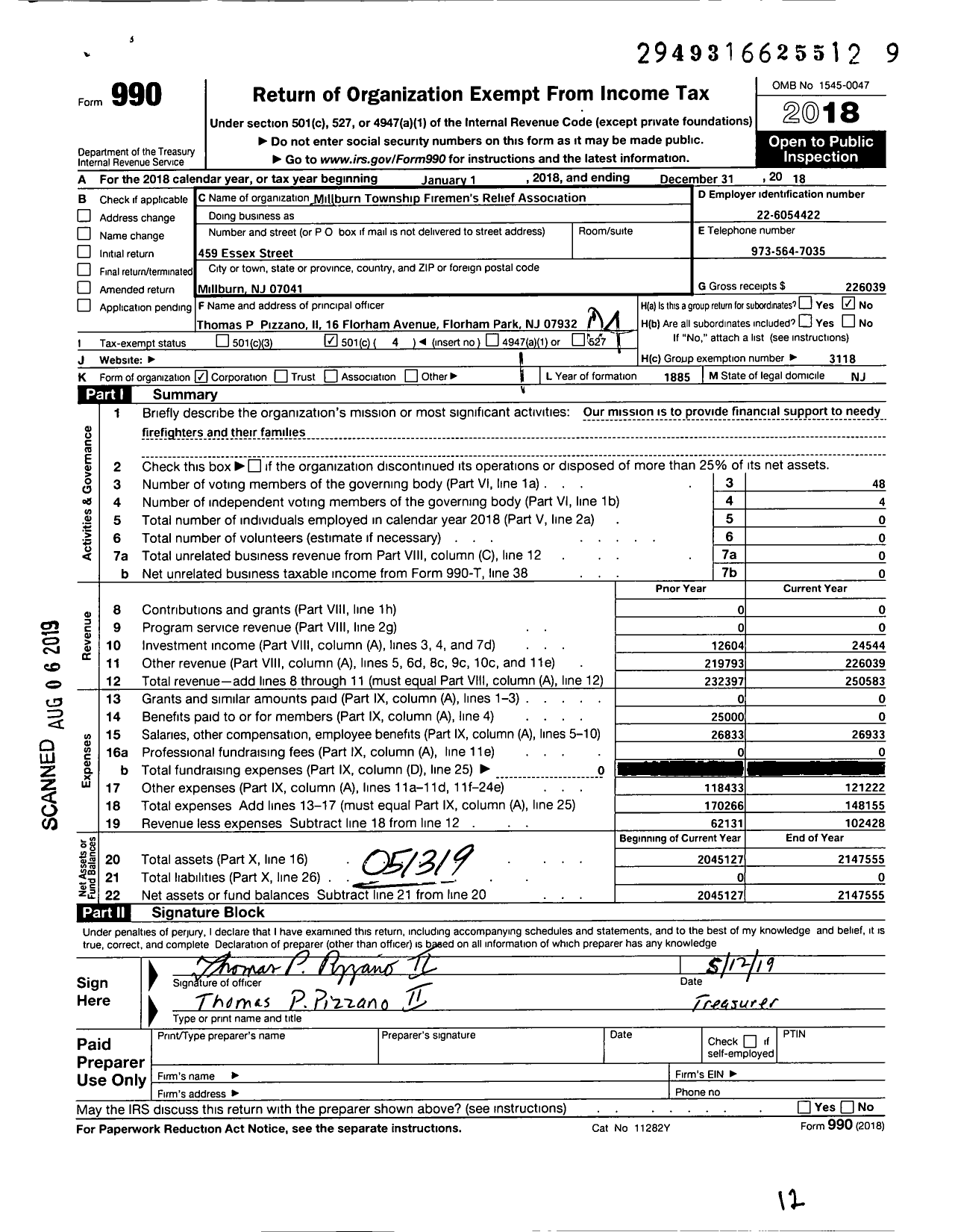 Image of first page of 2018 Form 990O for New Jersey State Firemen's Association - Millburn TWSP