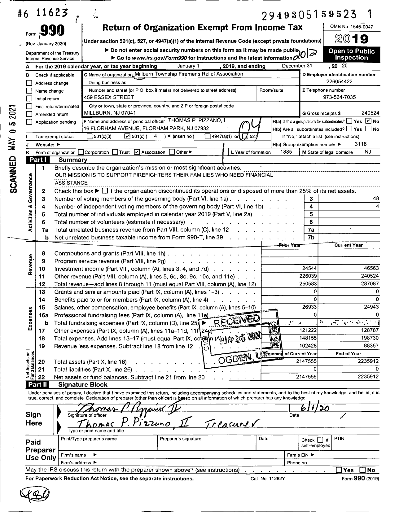 Image of first page of 2020 Form 990O for New Jersey State Firemen's Association - Millburn TWSP