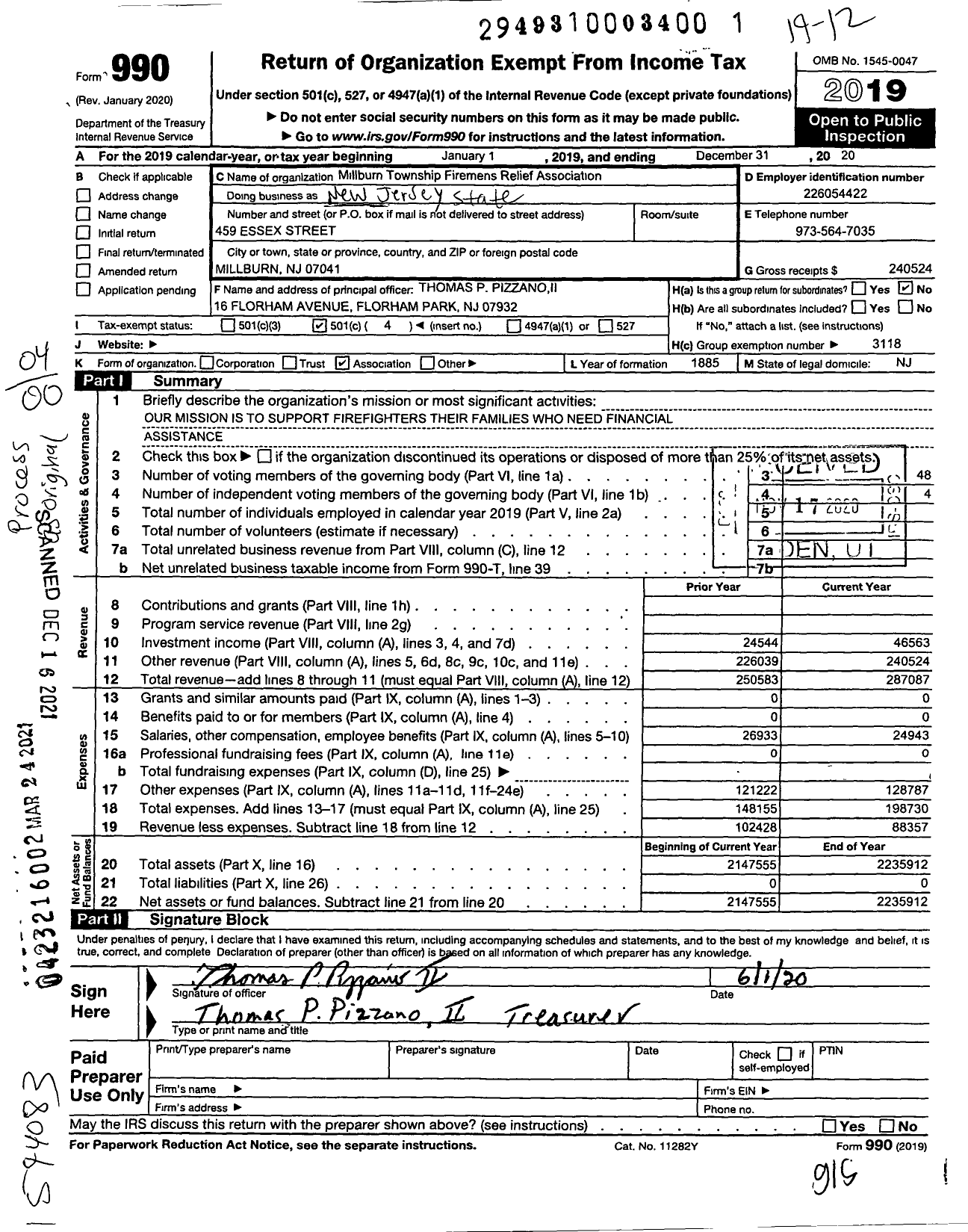 Image of first page of 2019 Form 990O for New Jersey State Firemen's Association - Millburn TWSP