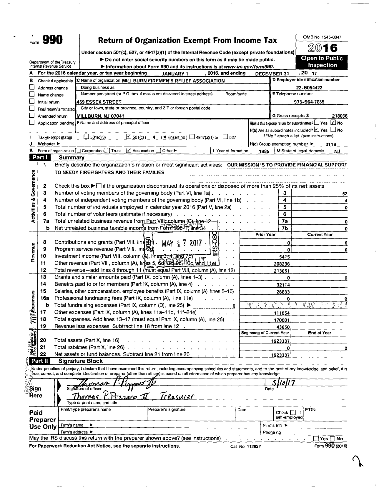 Image of first page of 2017 Form 990O for New Jersey State Firemen's Association - Millburn TWSP