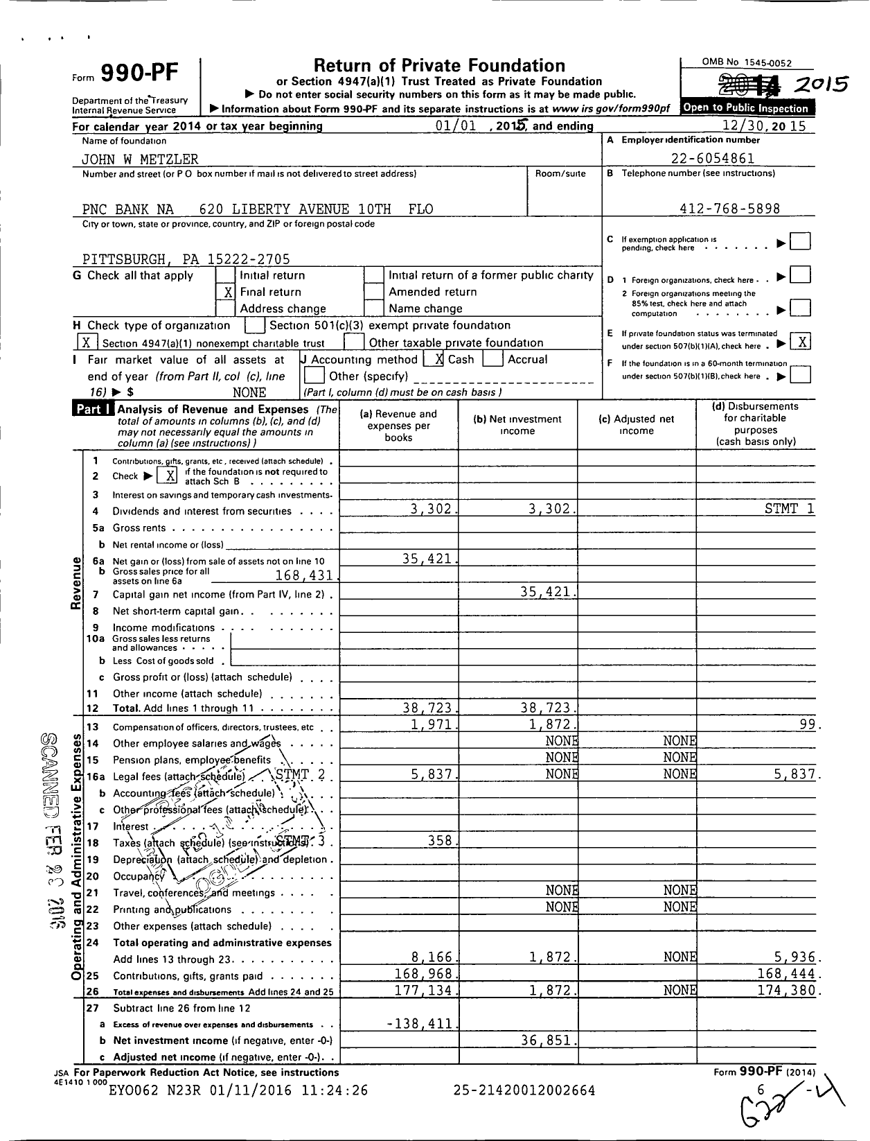 Image of first page of 2015 Form 990PF for John W Metzler