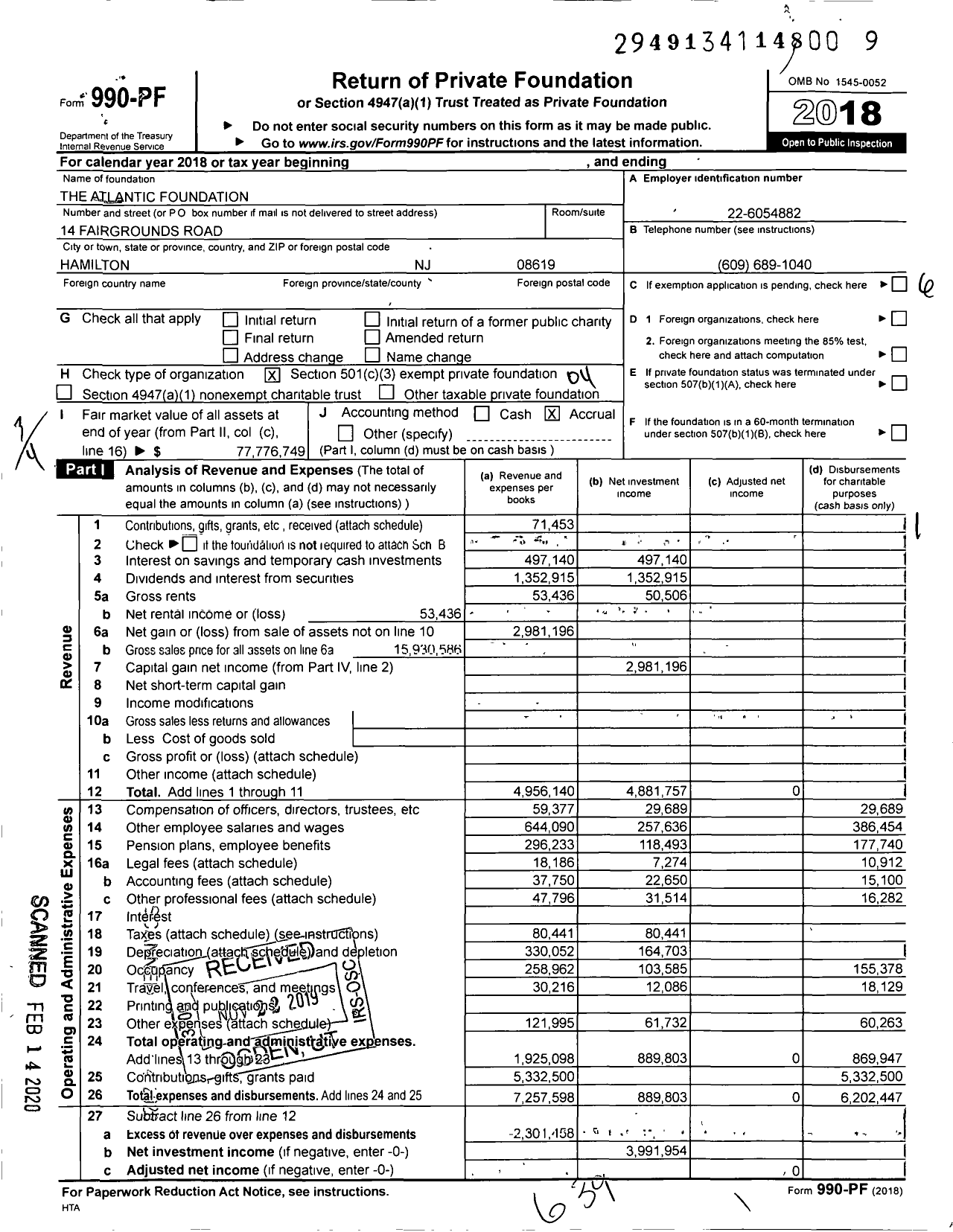 Image of first page of 2018 Form 990PF for Atlantic Foundation