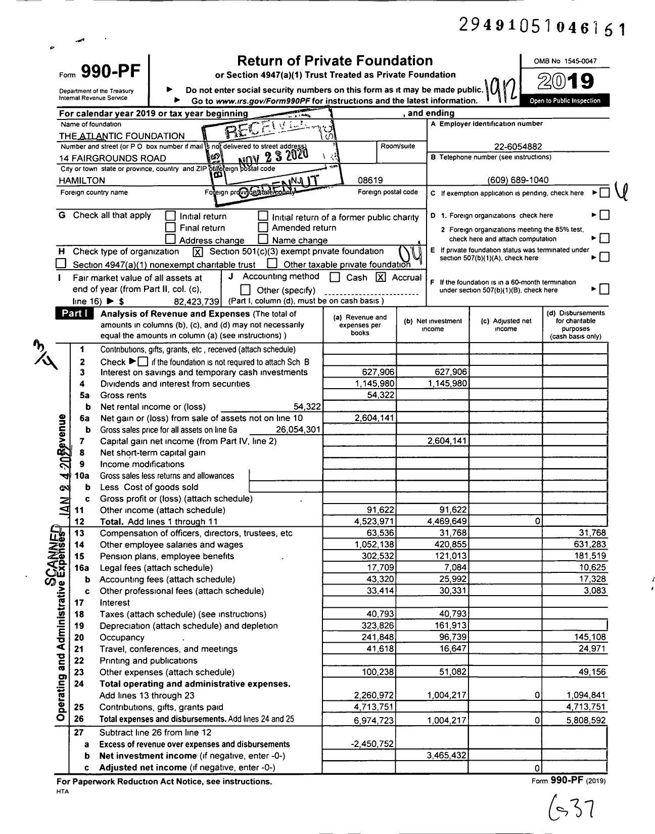 Image of first page of 2019 Form 990PF for Atlantic Foundation