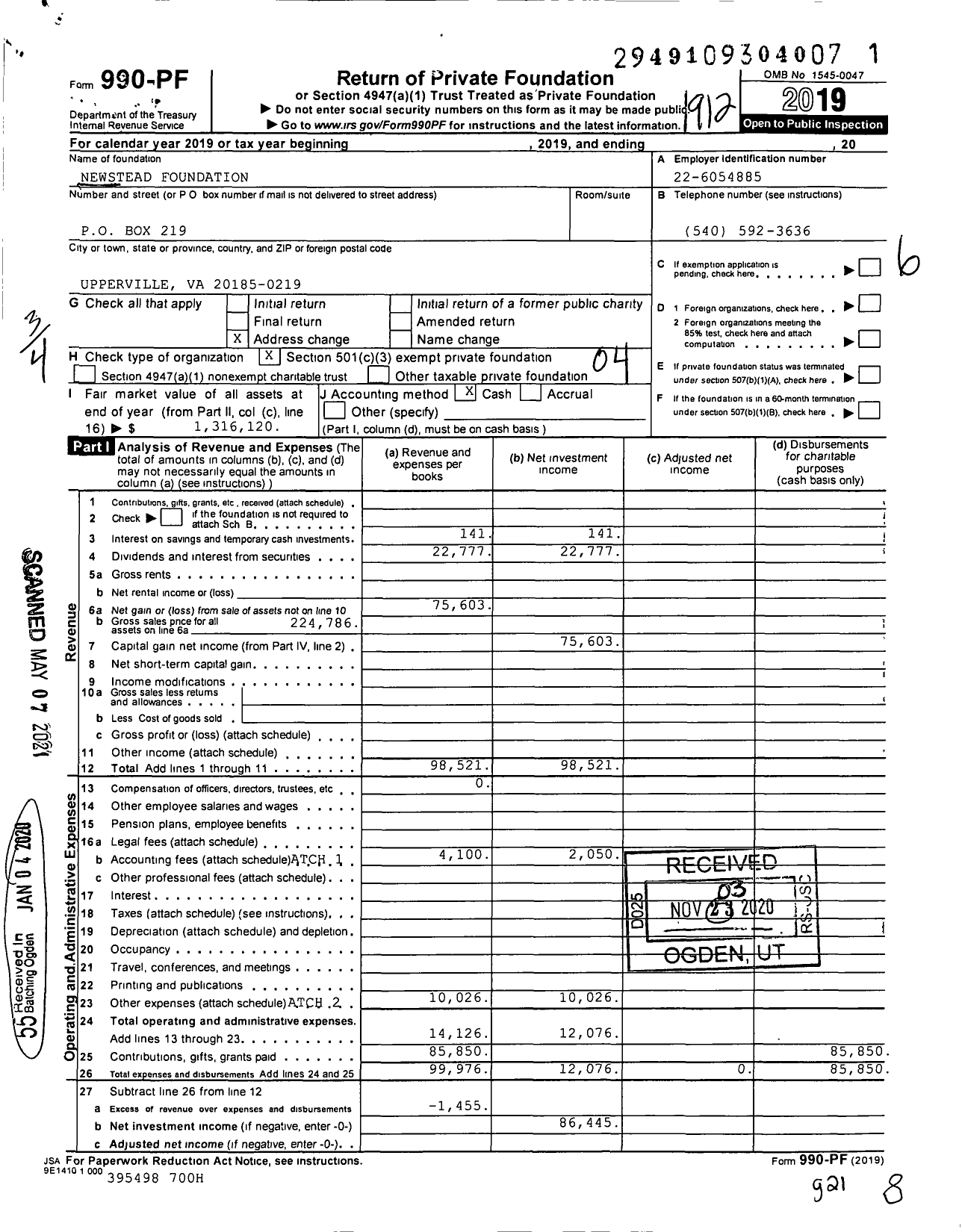 Image of first page of 2019 Form 990PF for Newstead Foundation