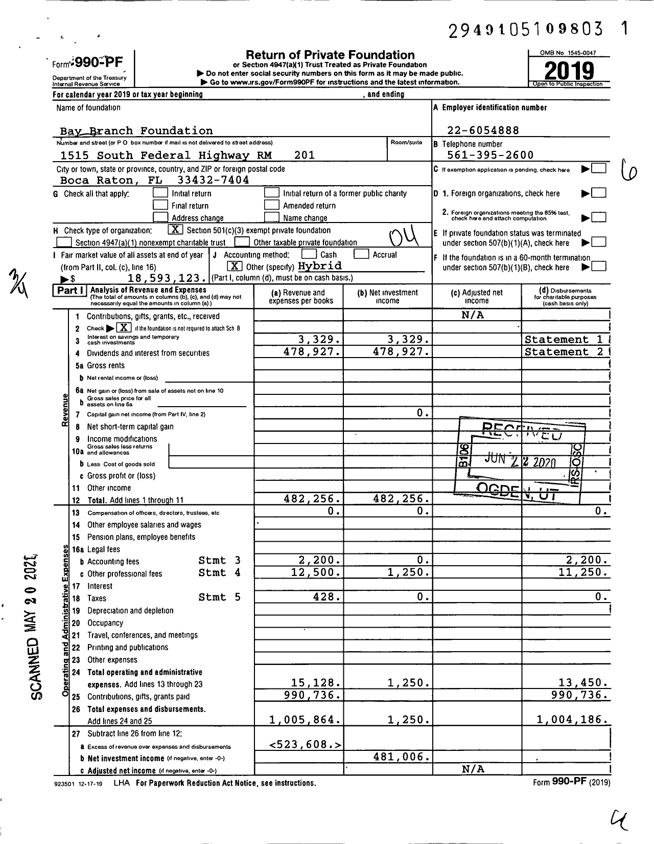 Image of first page of 2019 Form 990PF for Bay Branch Foundation