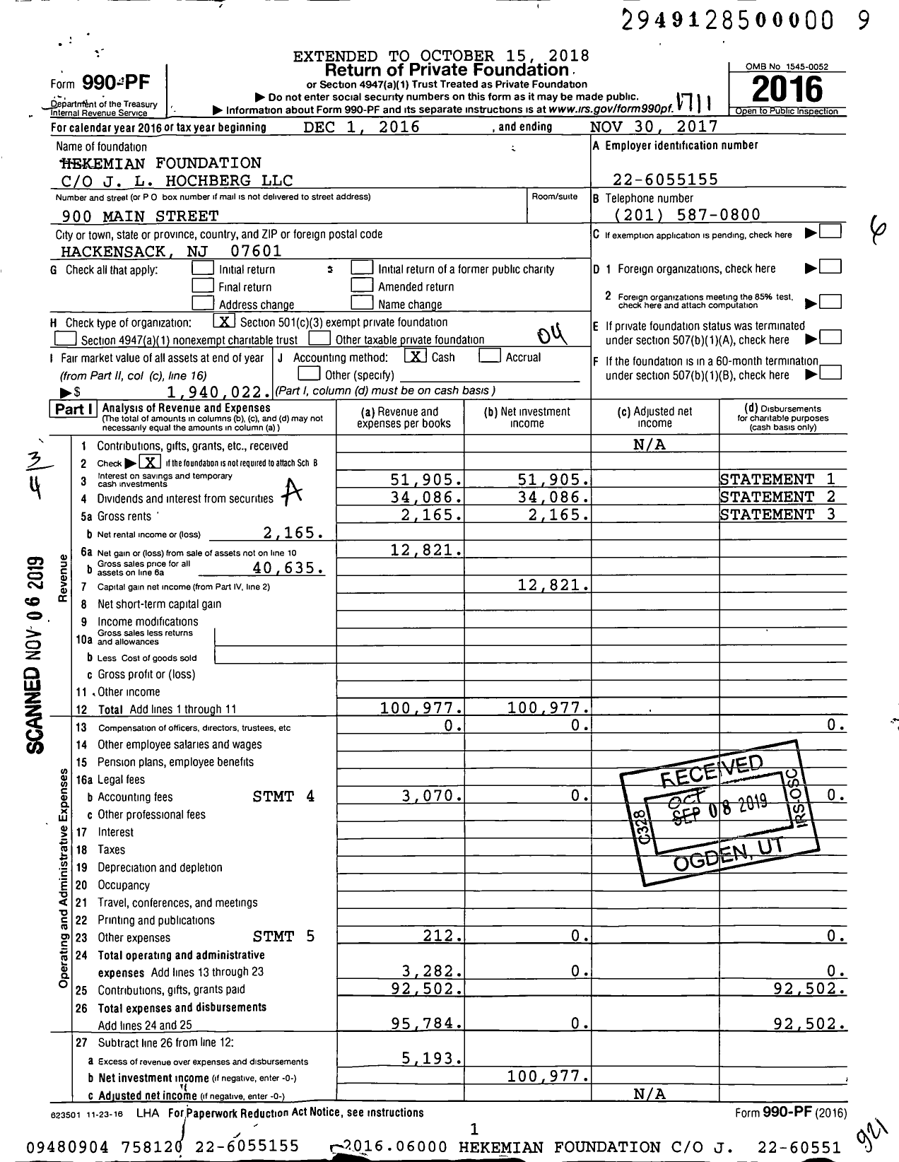 Image of first page of 2016 Form 990PF for Hekemian Foundation