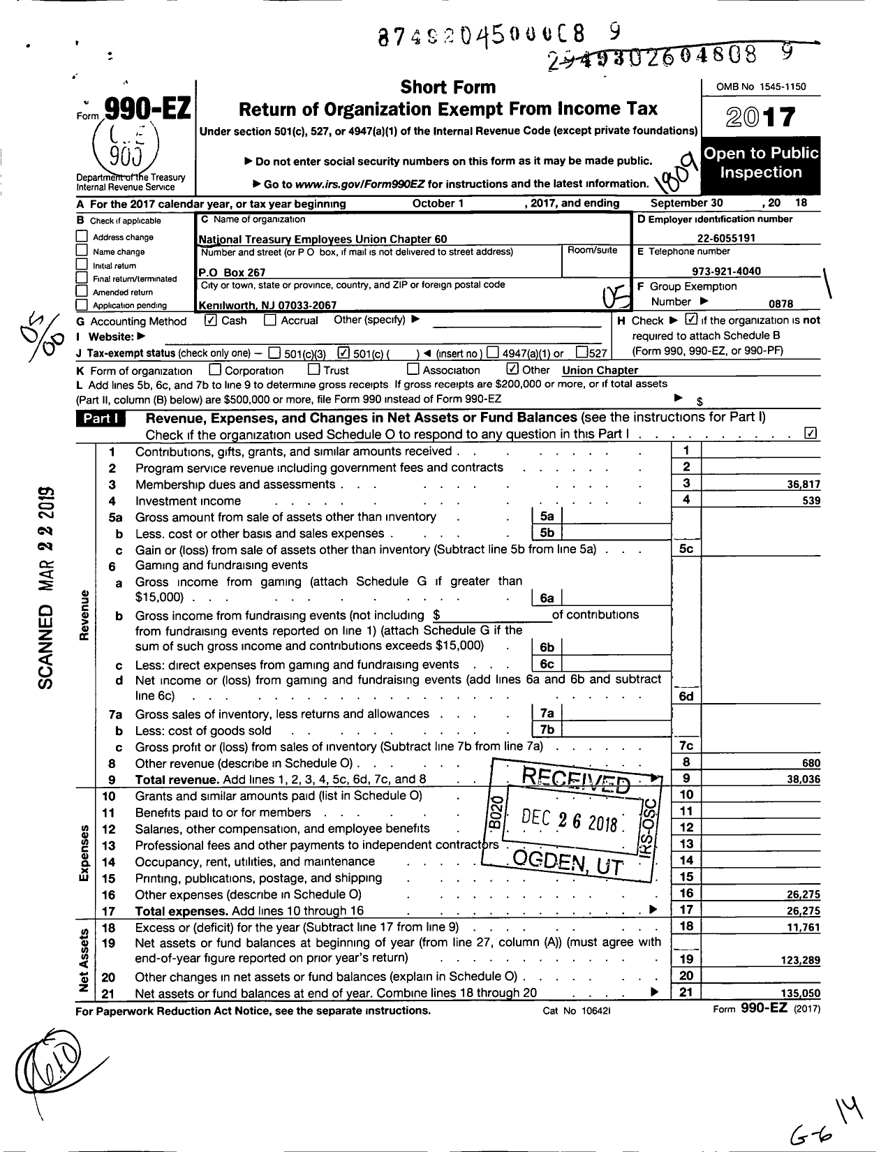 Image of first page of 2017 Form 990EO for National Treasury Employees Union - 60 Chapter