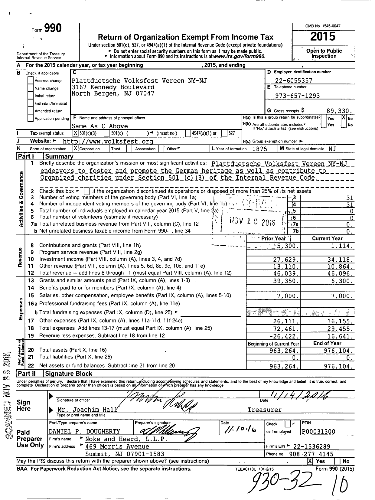 Image of first page of 2015 Form 990 for Plattduetsche Volksfest Vereen Von New York Und Umgegend