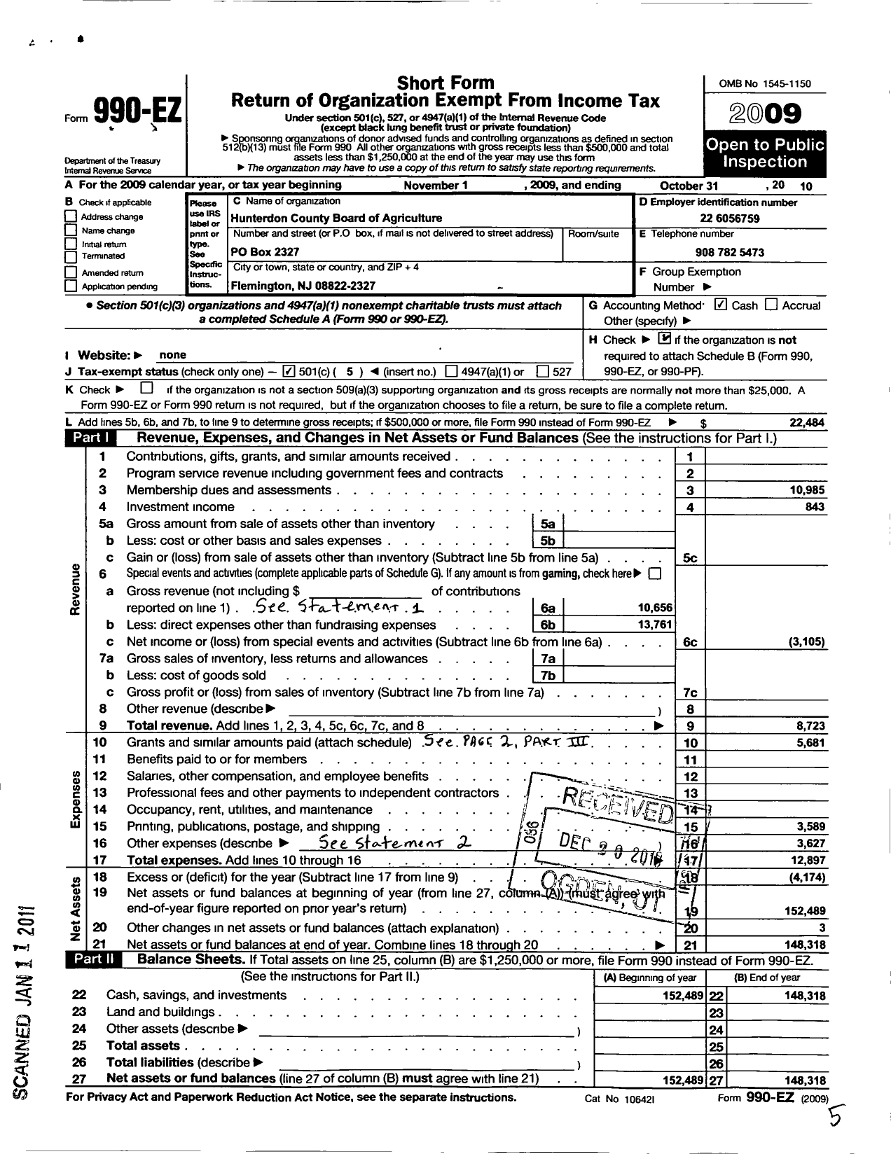 Image of first page of 2009 Form 990EO for Hunterdon County Board of Agriculture