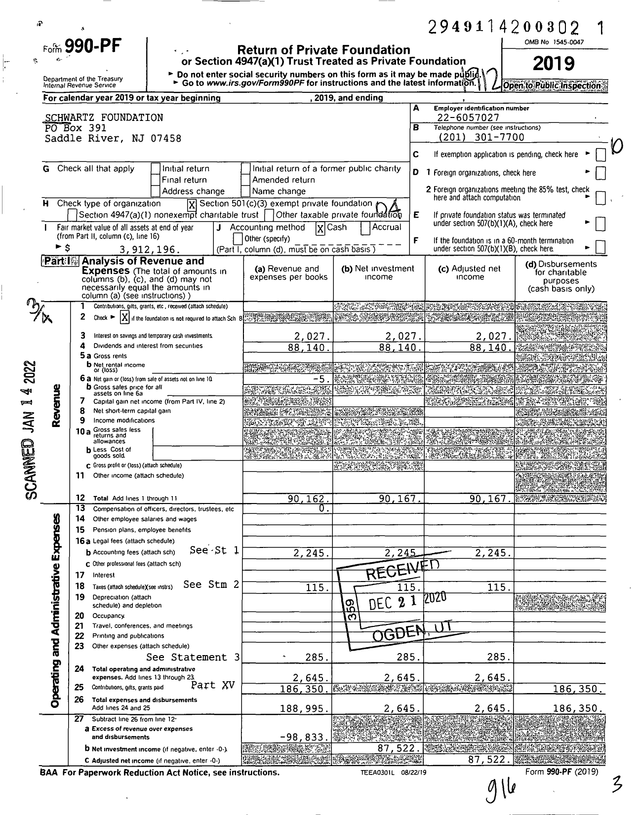 Image of first page of 2019 Form 990PF for Schwartz Foundation