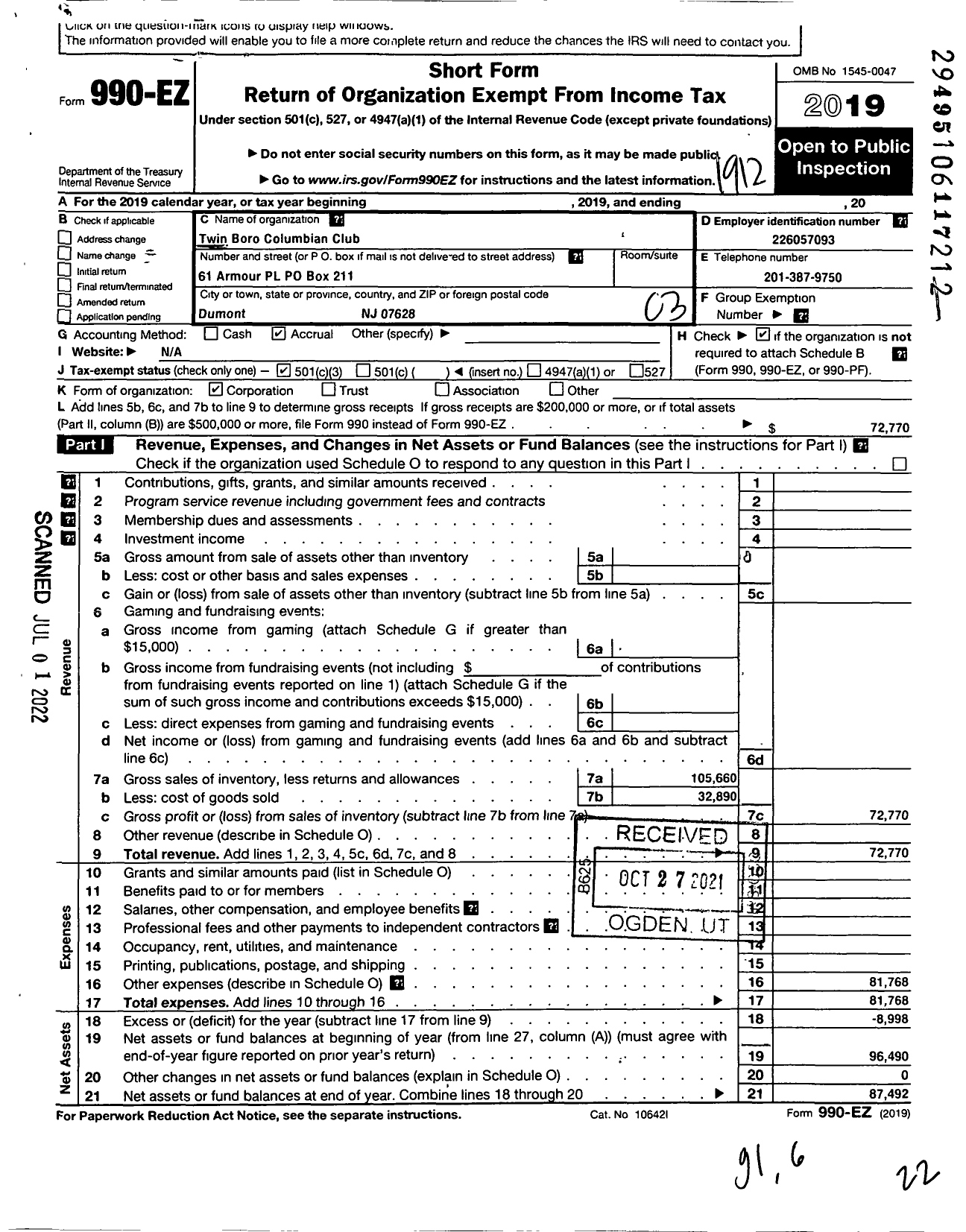 Image of first page of 2019 Form 990EZ for Twin-Boro Columbian Club