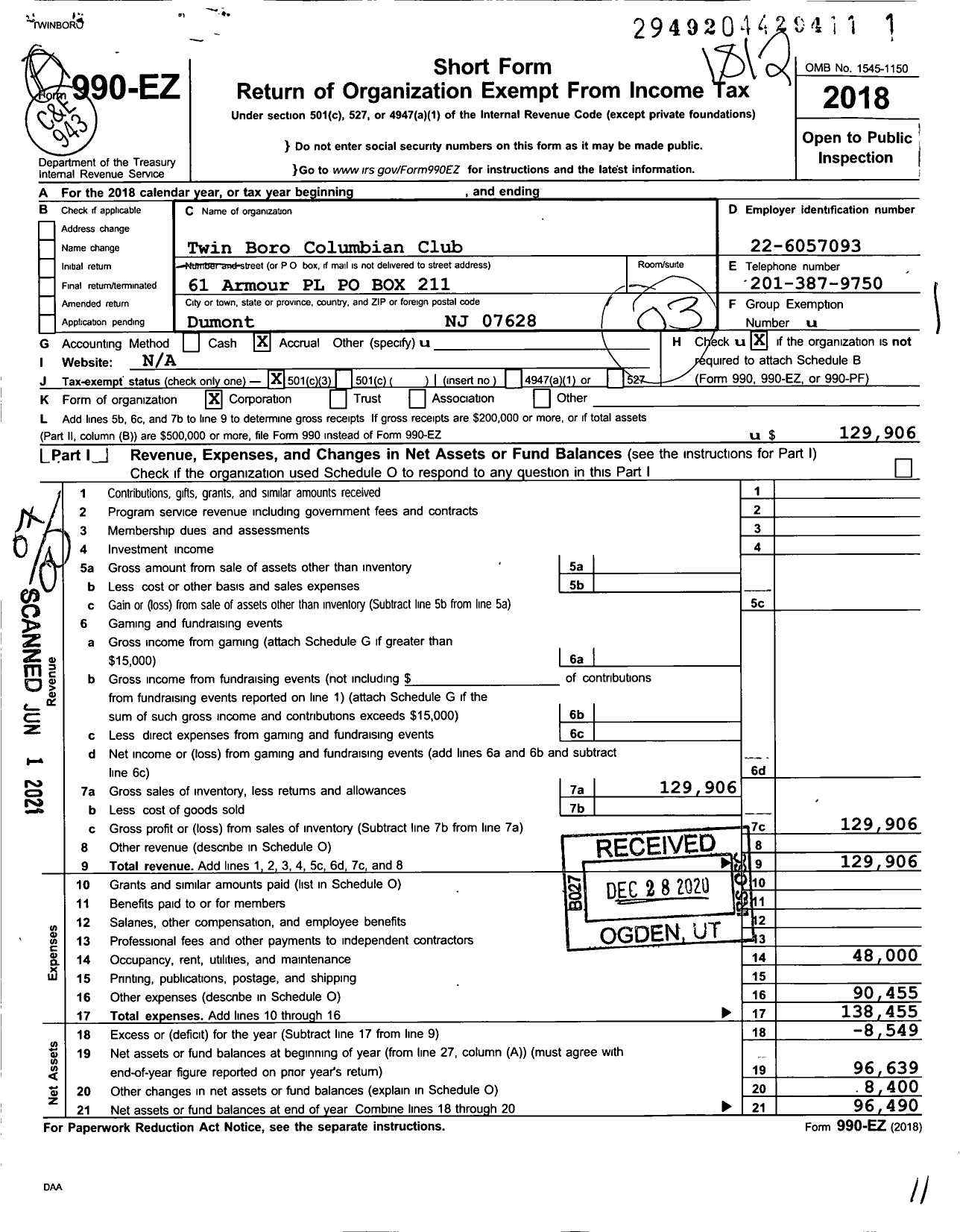 Image of first page of 2018 Form 990EO for Twin-Boro Columbian Club