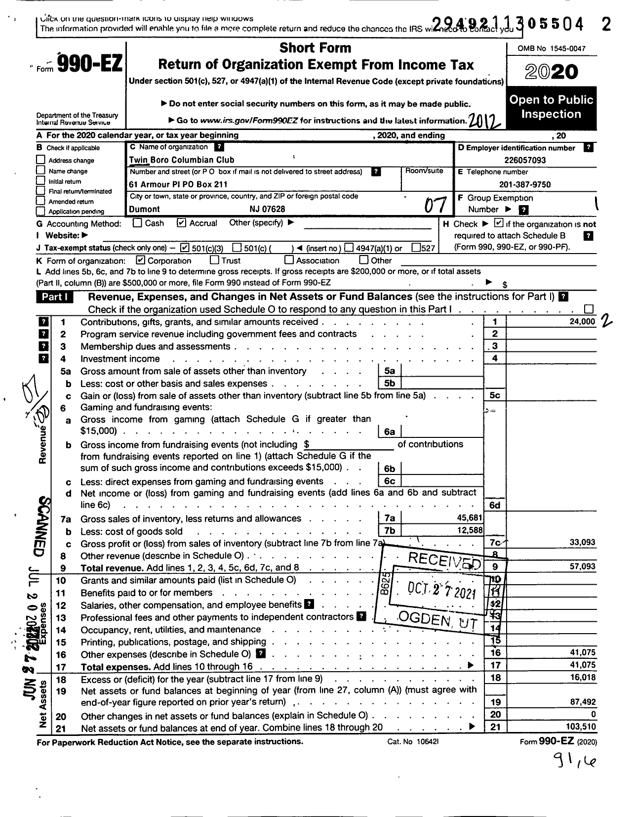 Image of first page of 2020 Form 990EO for Twin-Boro Columbian Club