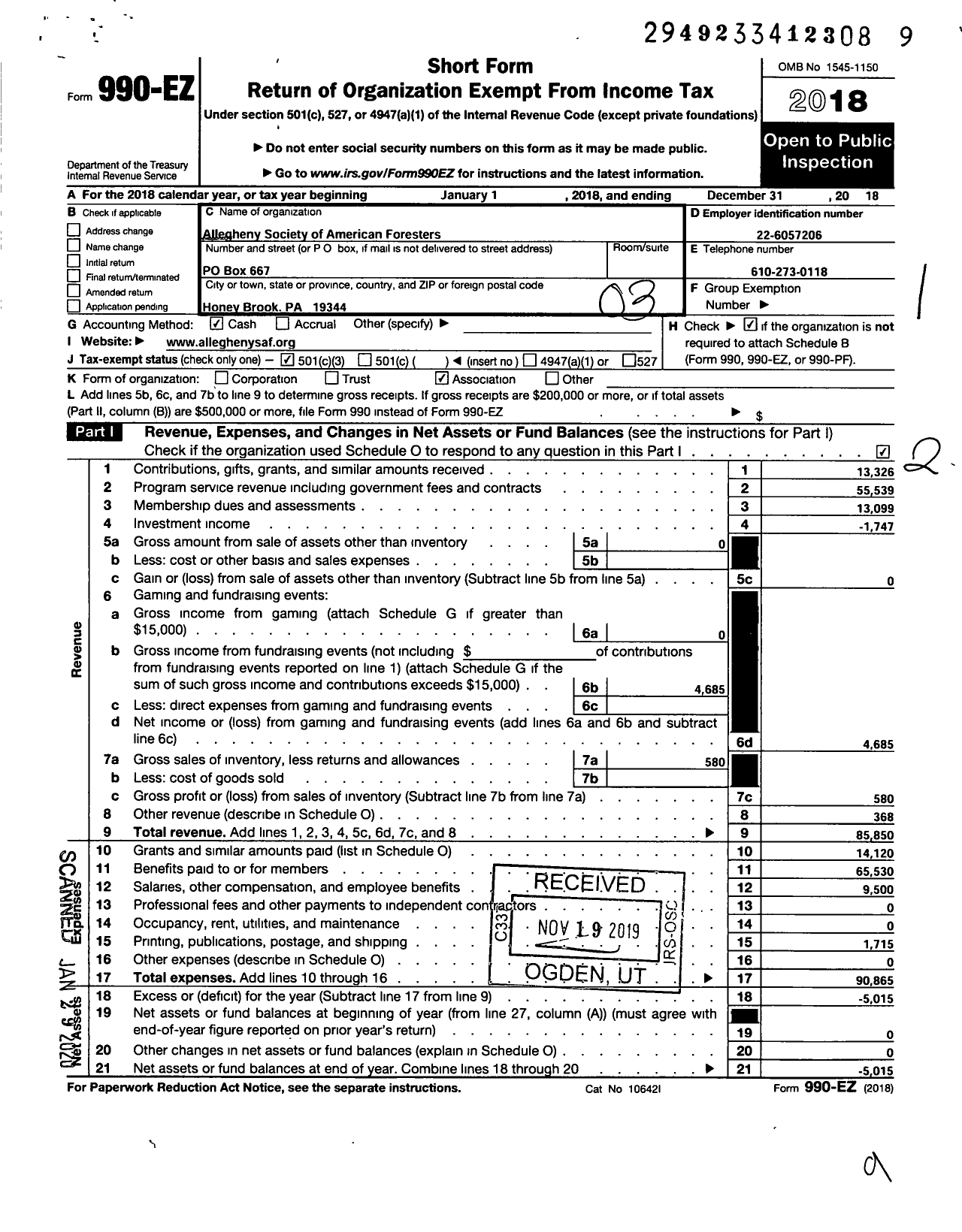 Image of first page of 2018 Form 990EZ for Allegheny Society of American Foresters