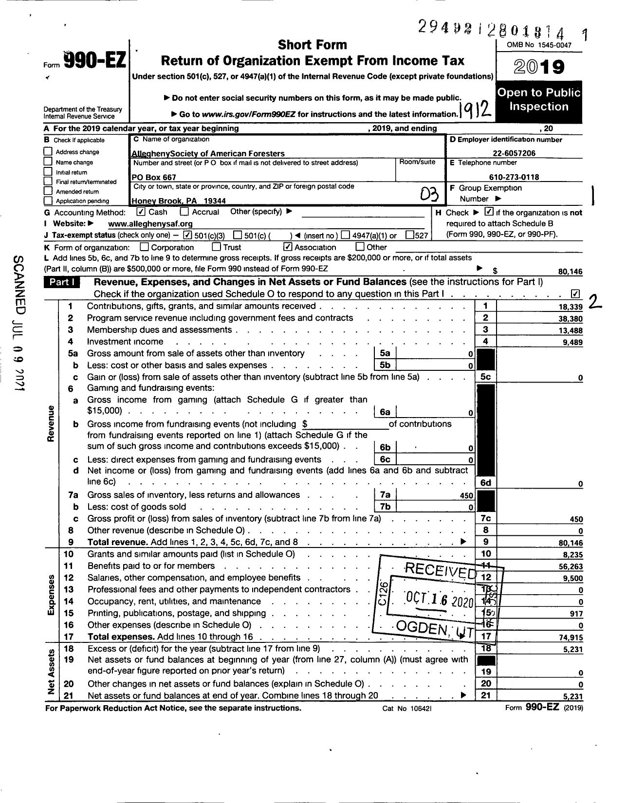 Image of first page of 2019 Form 990EZ for Allegheny Society of American Foresters