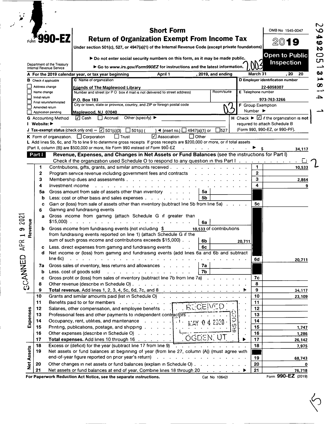 Image of first page of 2019 Form 990EZ for Friends of the Maplewood Memorial Library